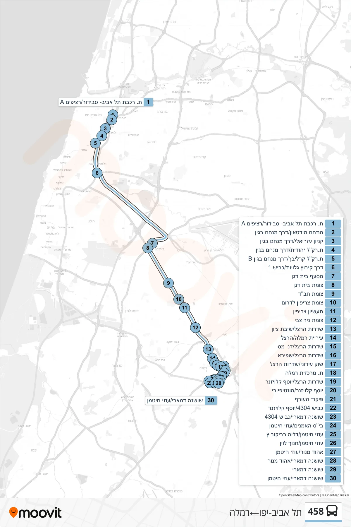 458  Line (Tel Aviv-Yafo‎→Ramla) route and stops on a map
