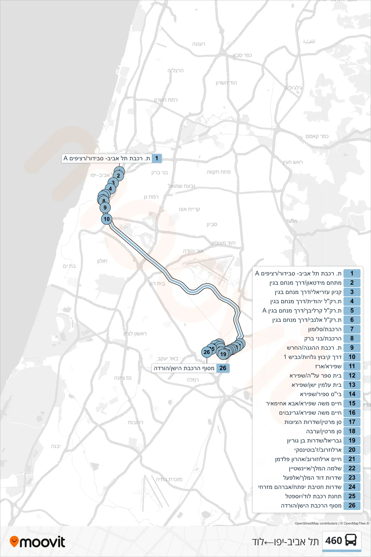 460 bus Line (Tel Aviv-Yafo‎→Lod) route and stops on a map