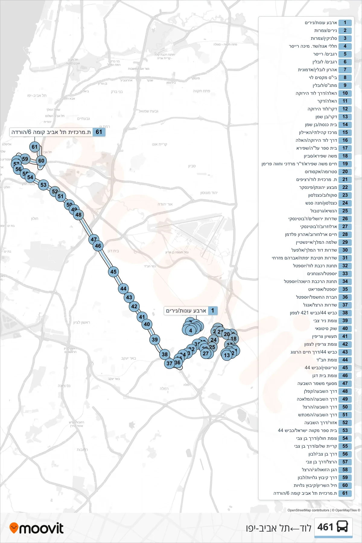461 bus Line (Lod‎→Tel Aviv-Yafo) route and stops on a map