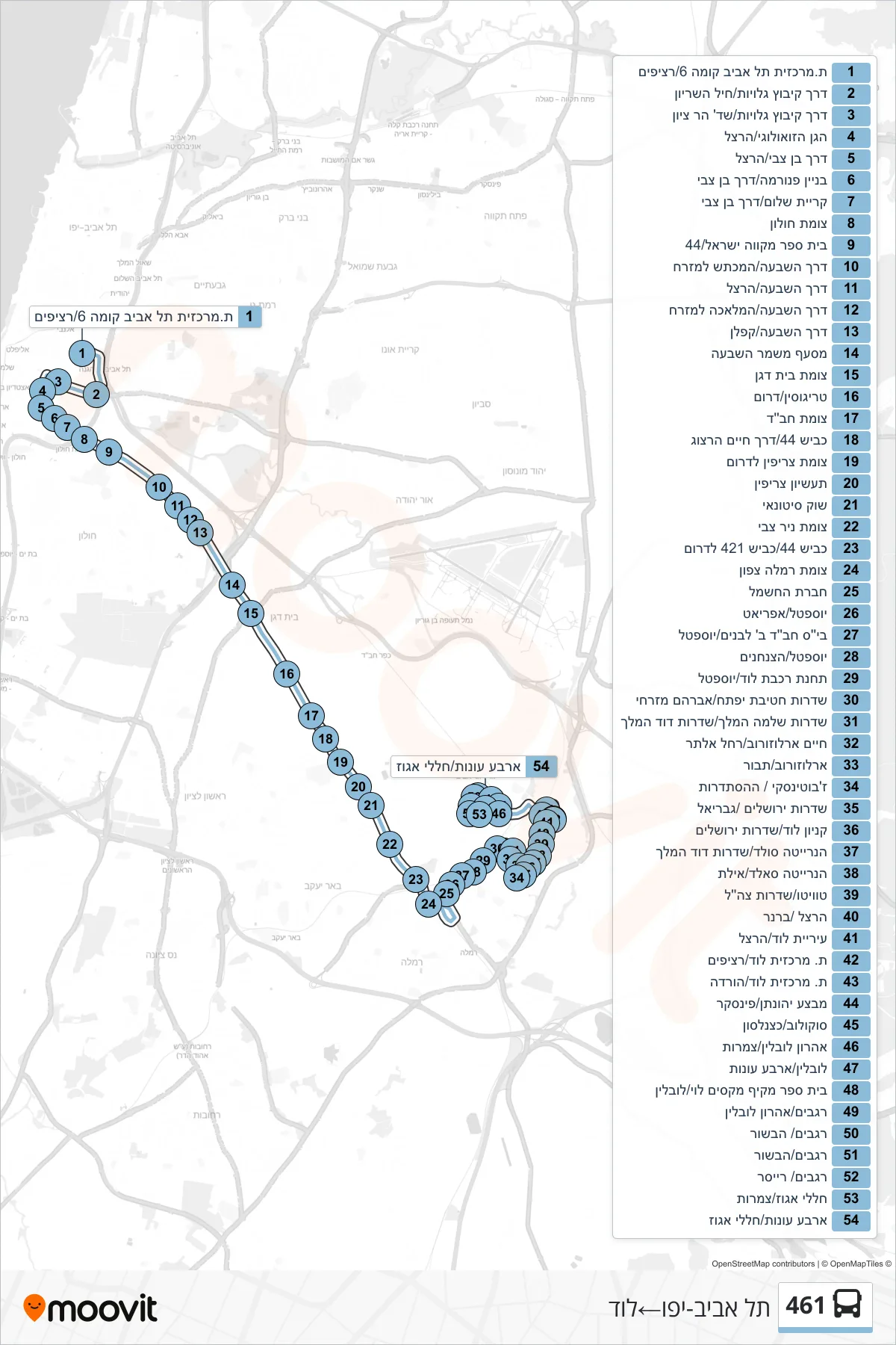 461 bus Line (Tel Aviv-Yafo‎→Lod) route and stops on a map