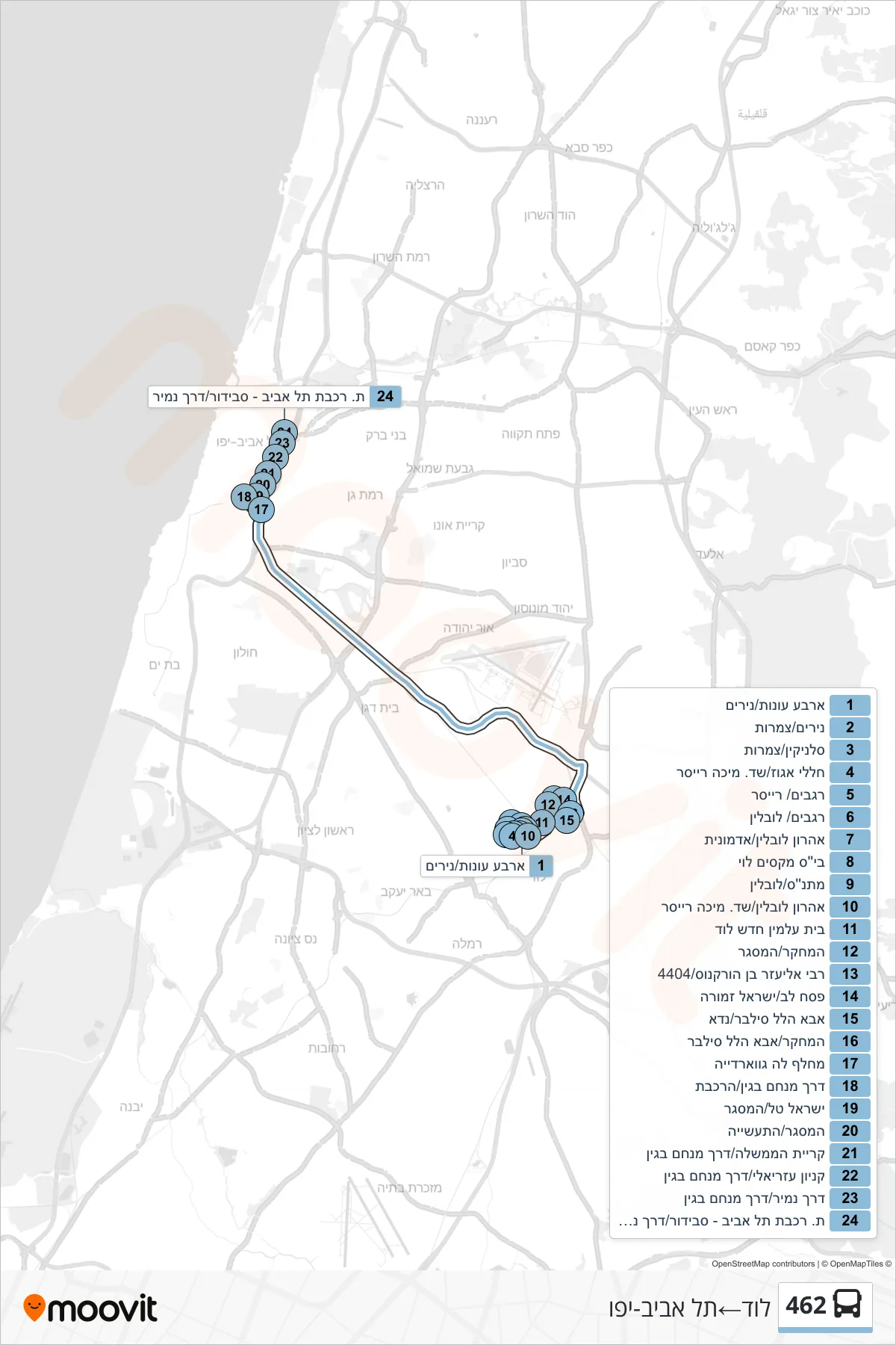 462 bus Line (Lod‎→Tel Aviv-Yafo) route and stops on a map