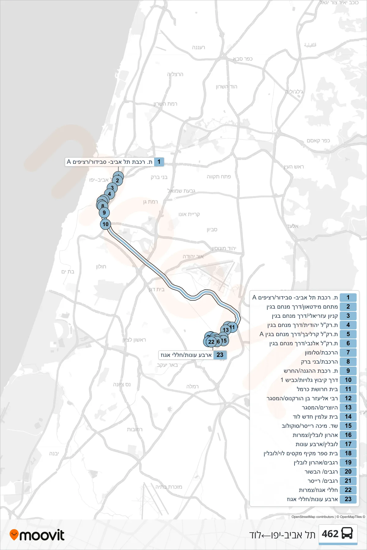 462 bus Line (Tel Aviv-Yafo‎→Lod) route and stops on a map