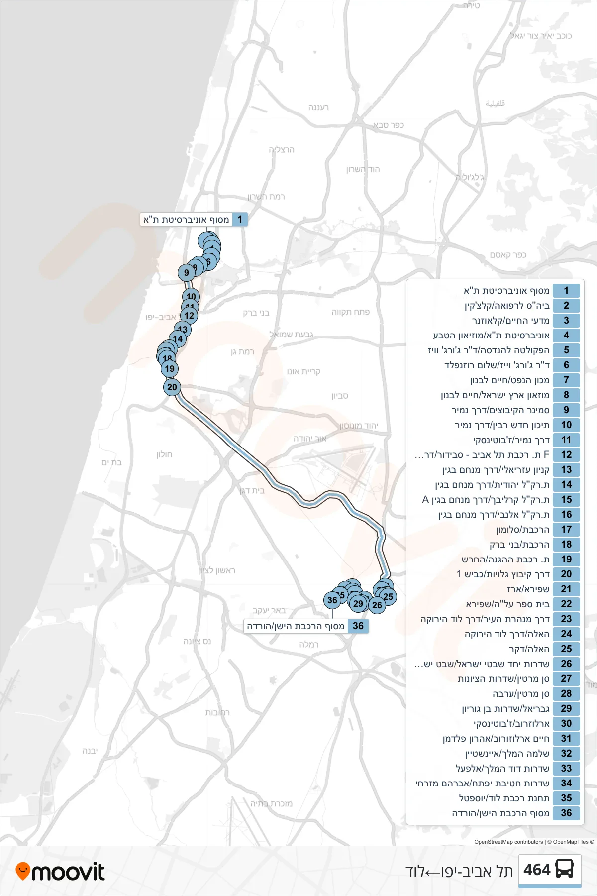 464 bus Line (Tel Aviv-Yafo‎→Lod) route and stops on a map