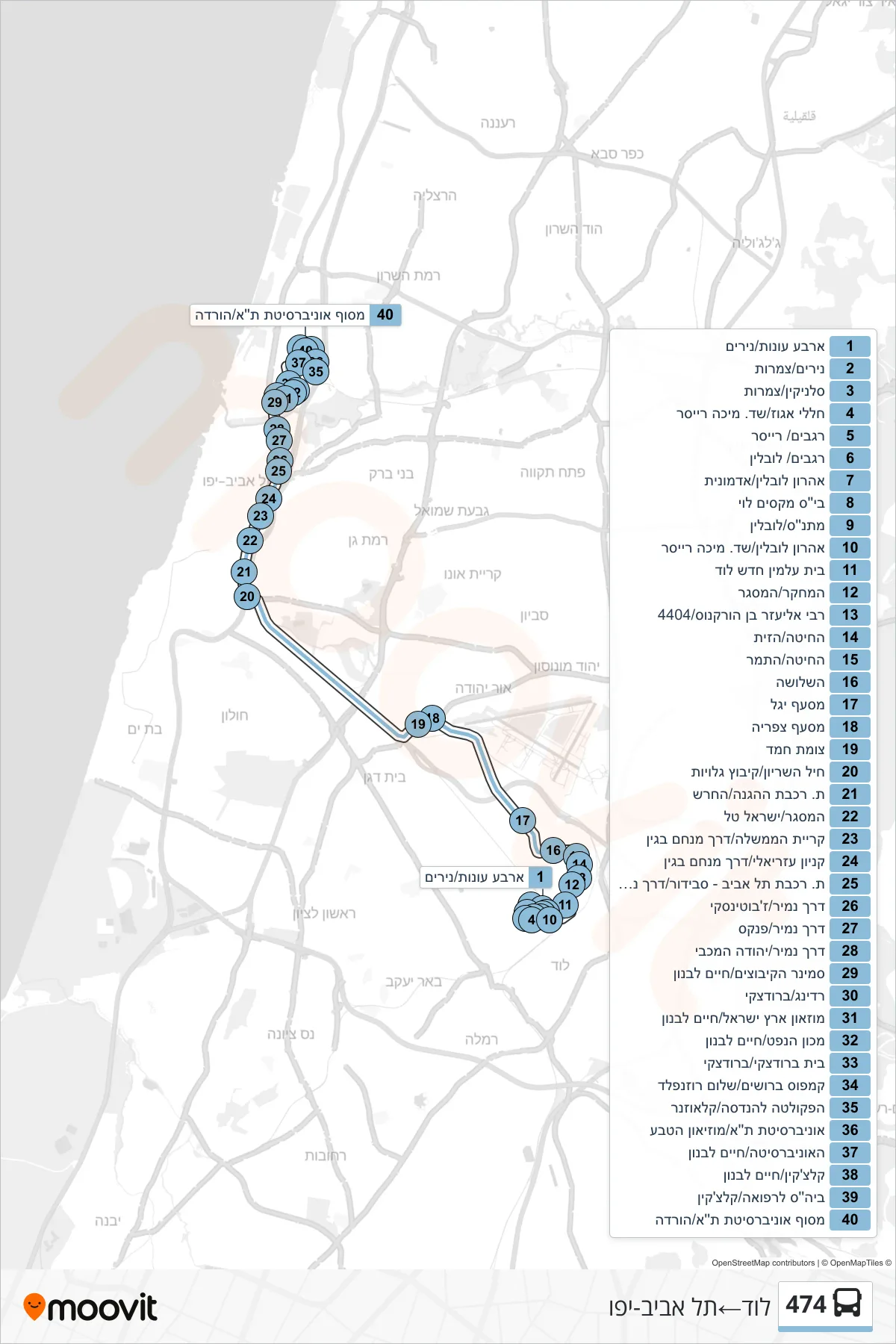 474  Line (Lod‎→Tel Aviv-Yafo) route and stops on a map