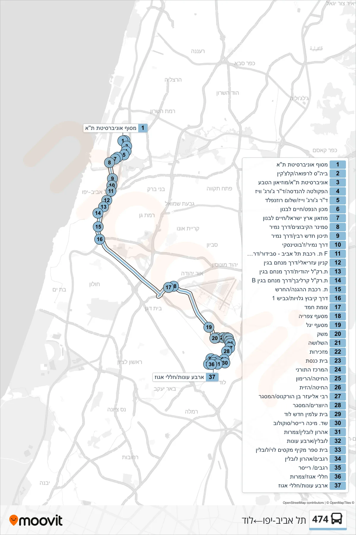 474 bus Line (Tel Aviv-Yafo‎→Lod) route and stops on a map