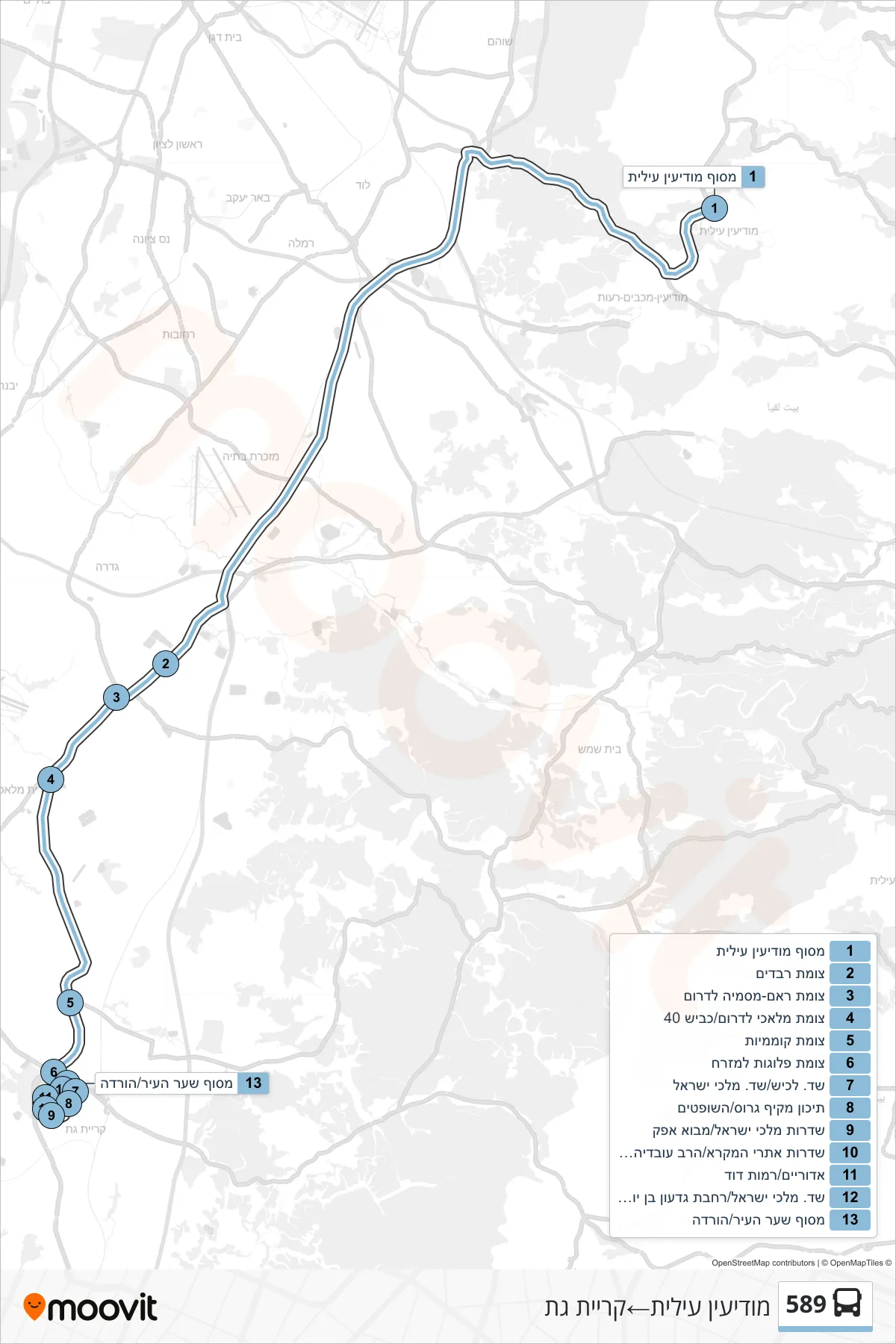 589 bus Line (Modi'in Illit‎→Kiryat Gat) route and stops on a map