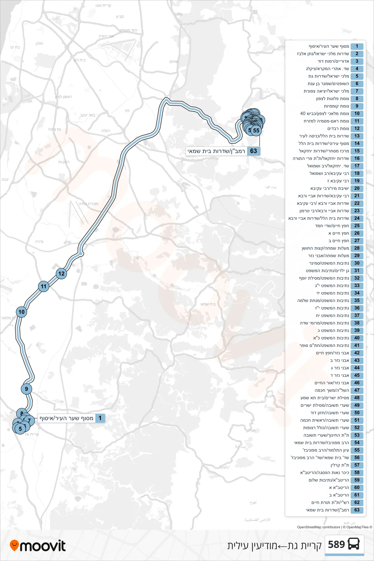 589 bus Line (Kiryat Gat‎→Modi'in Illit) route and stops on a map