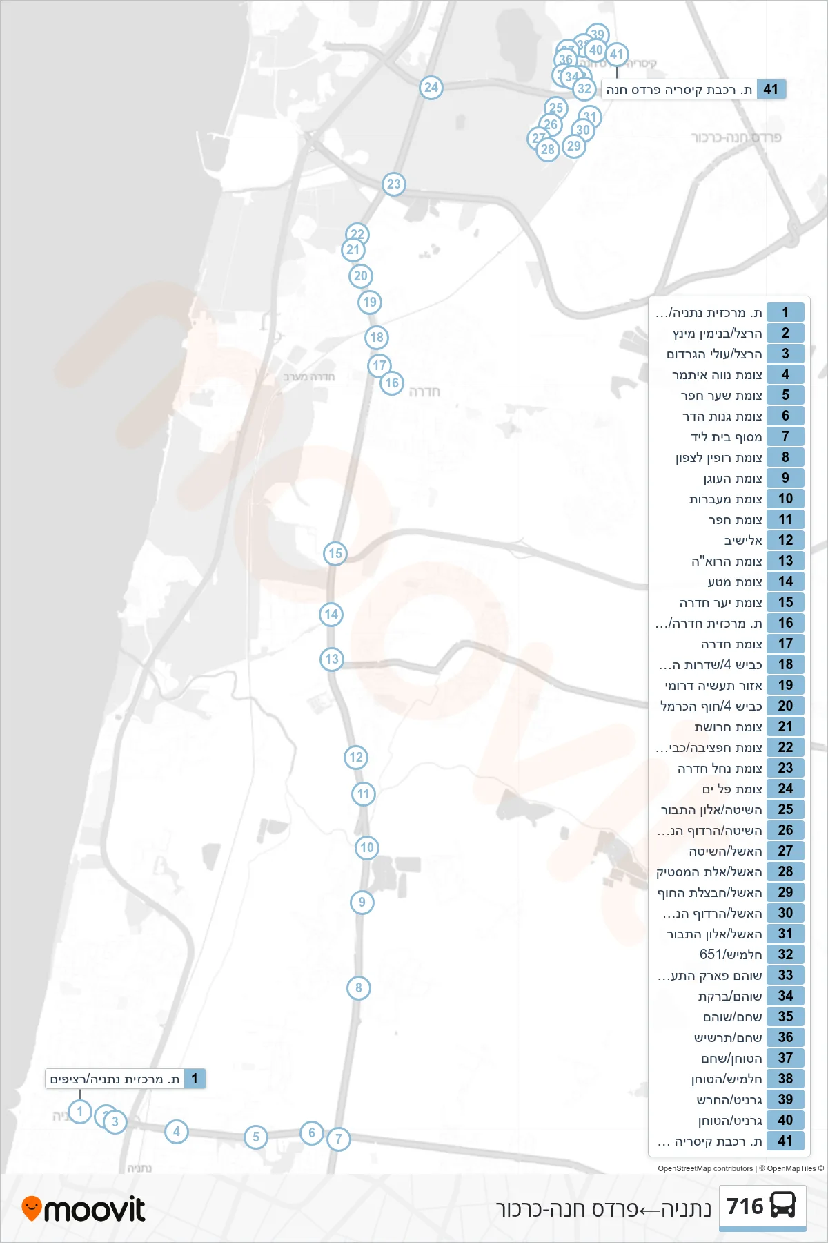 716 bus Line (Netanya‎→Pardes Hanna-Karkur) route and stops on a map