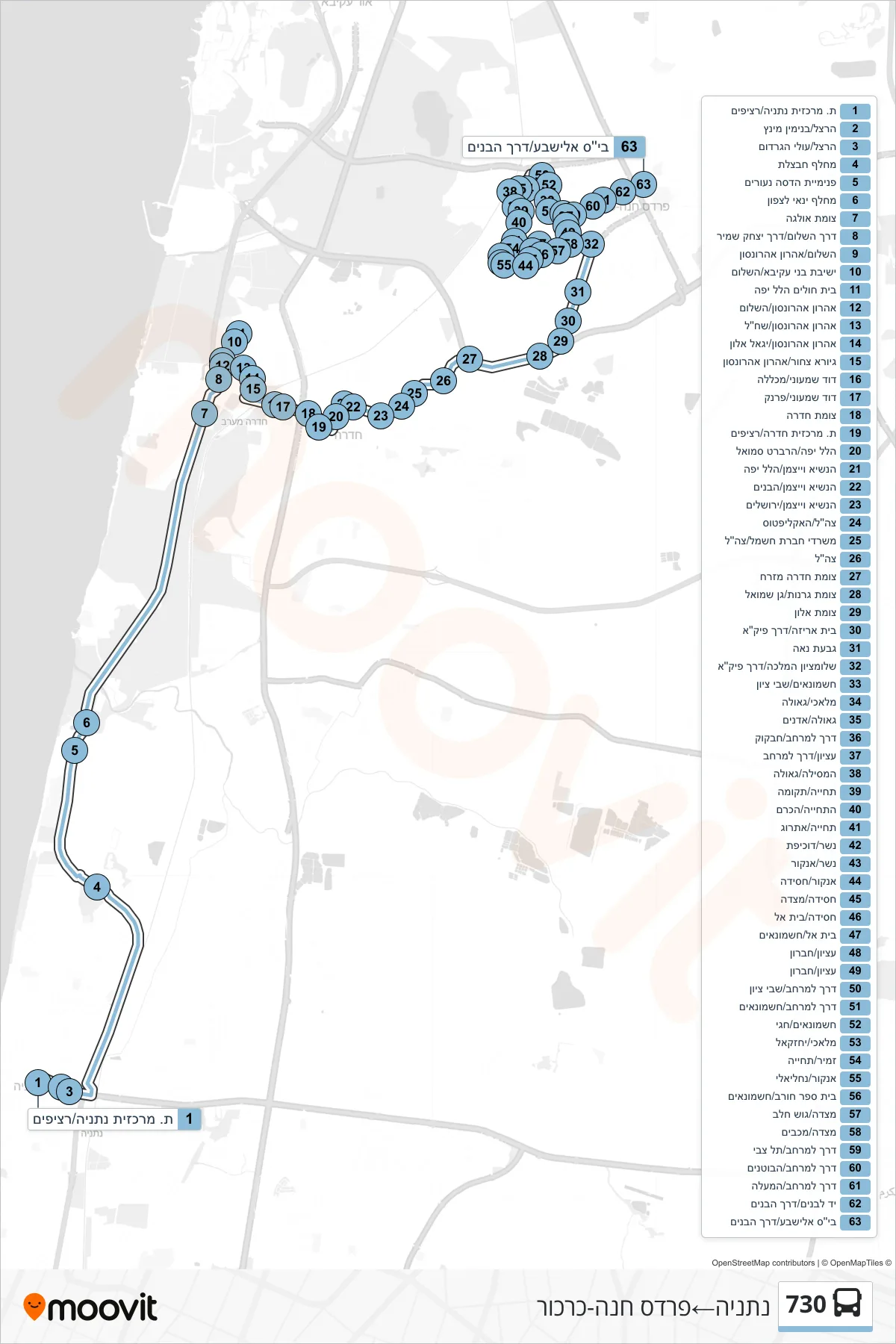 730 bus Line (Netanya‎→Pardes Hanna-Karkur) route and stops on a map