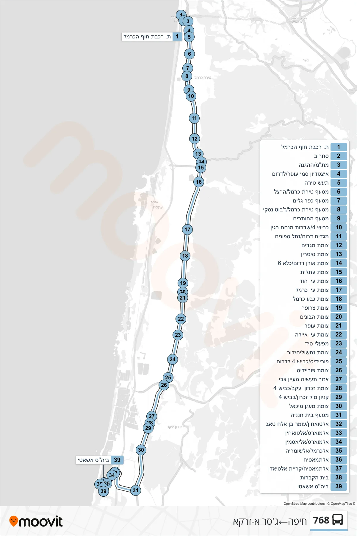 768 bus Line (Haifa‎→Jisr az-Zarqa) route and stops on a map
