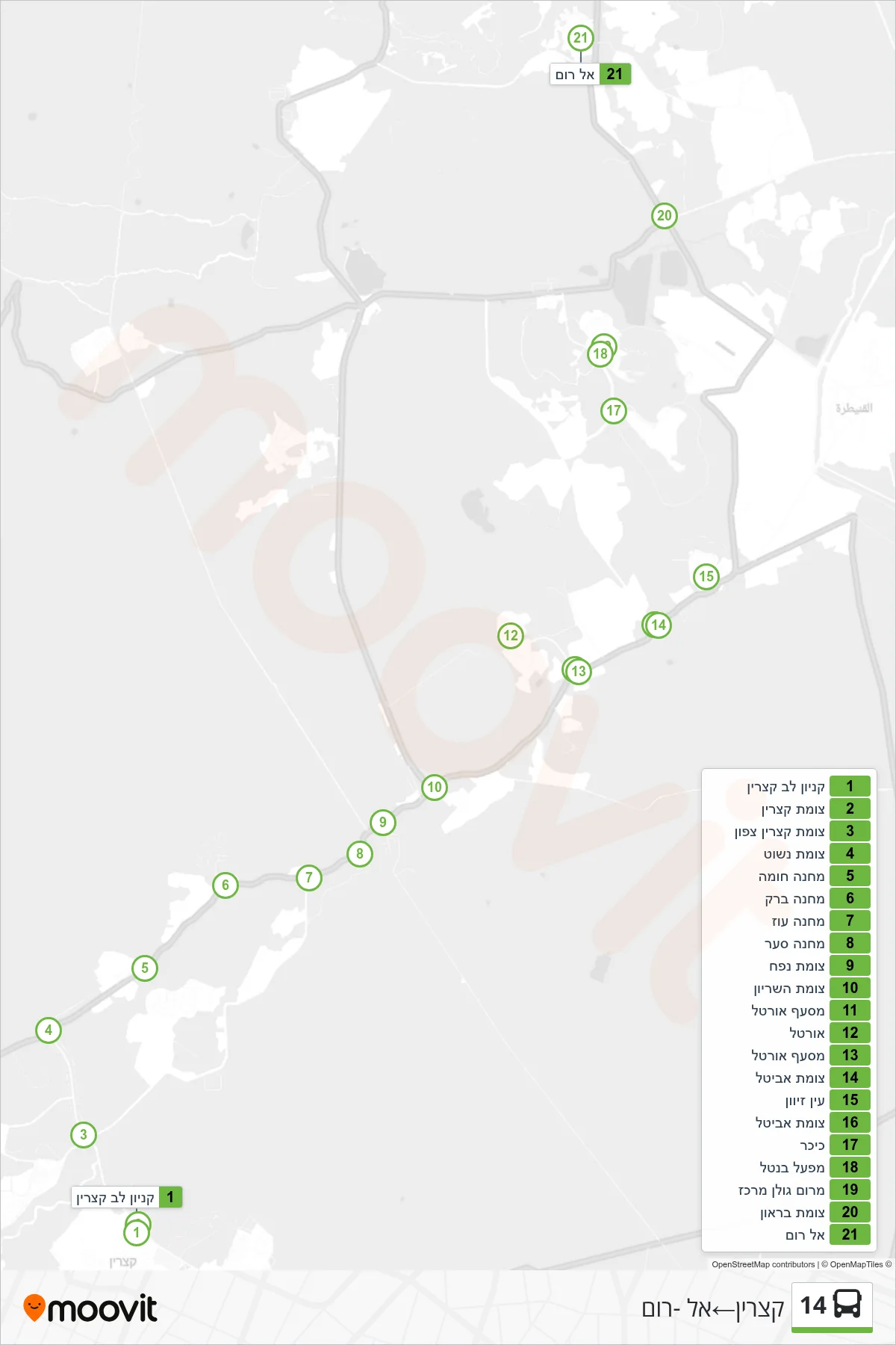 14 bus Line (Katzrin‎→El-Rom) route and stops on a map