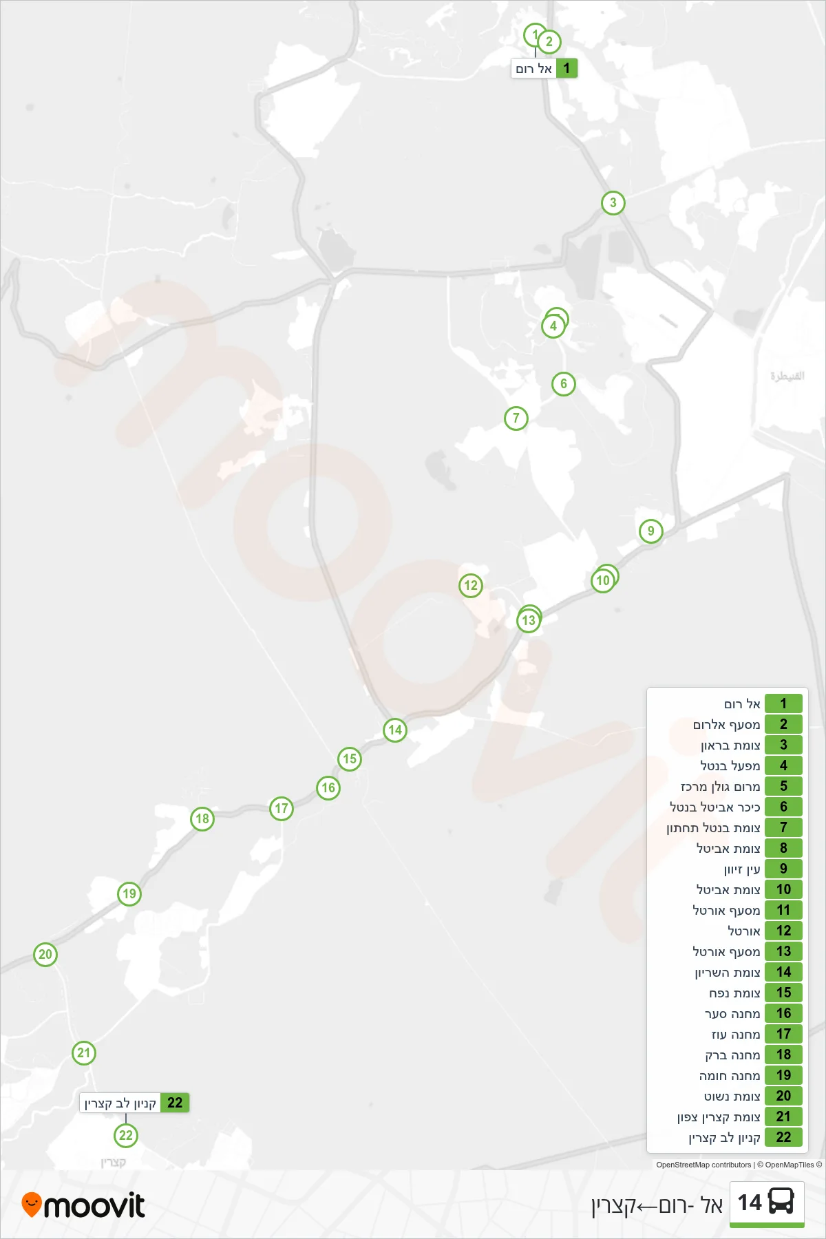 14 bus Line (El-Rom‎→Katzrin) route and stops on a map