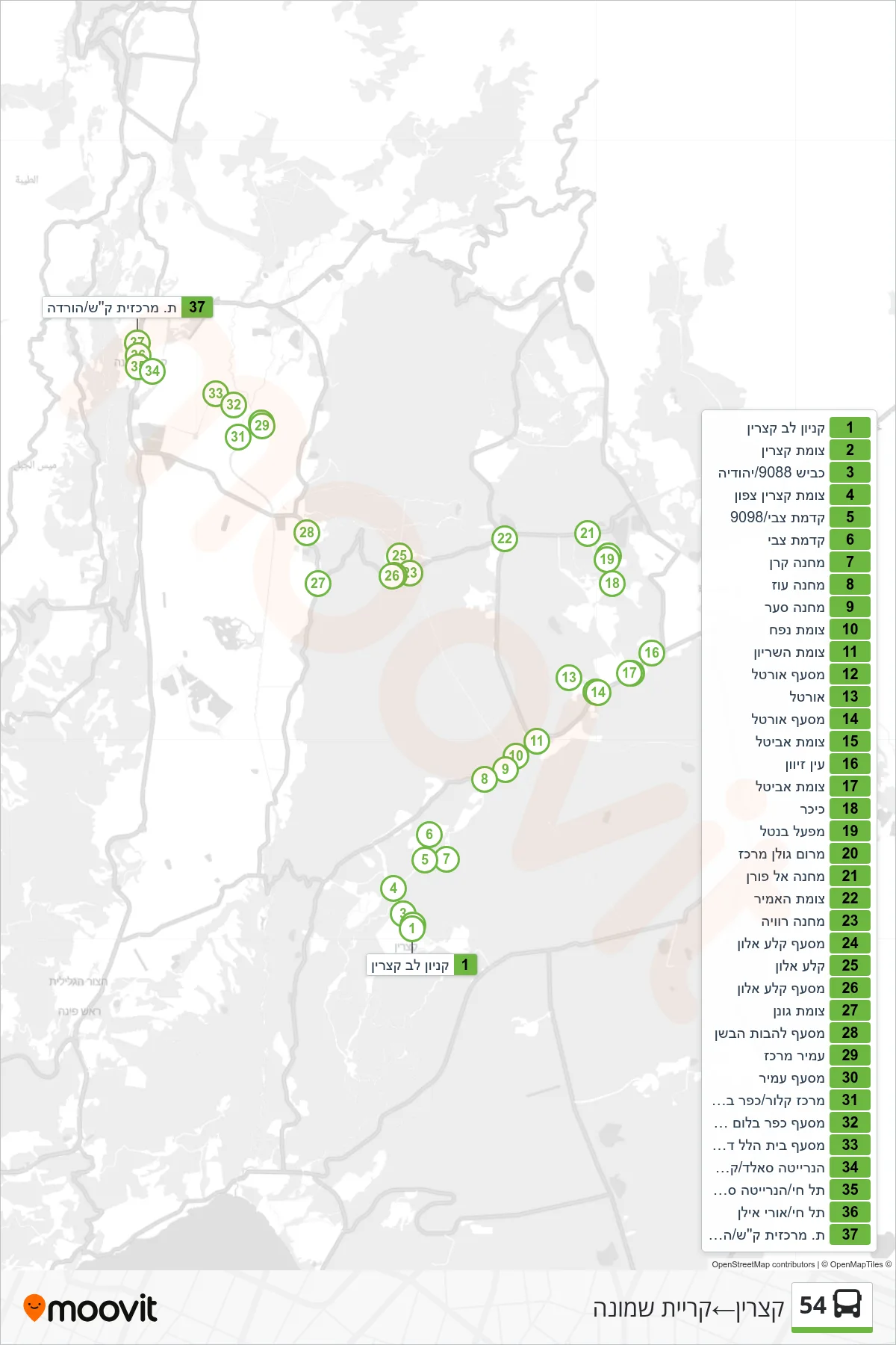 54 bus Line (Katzrin‎→Kiryat Shmona) route and stops on a map