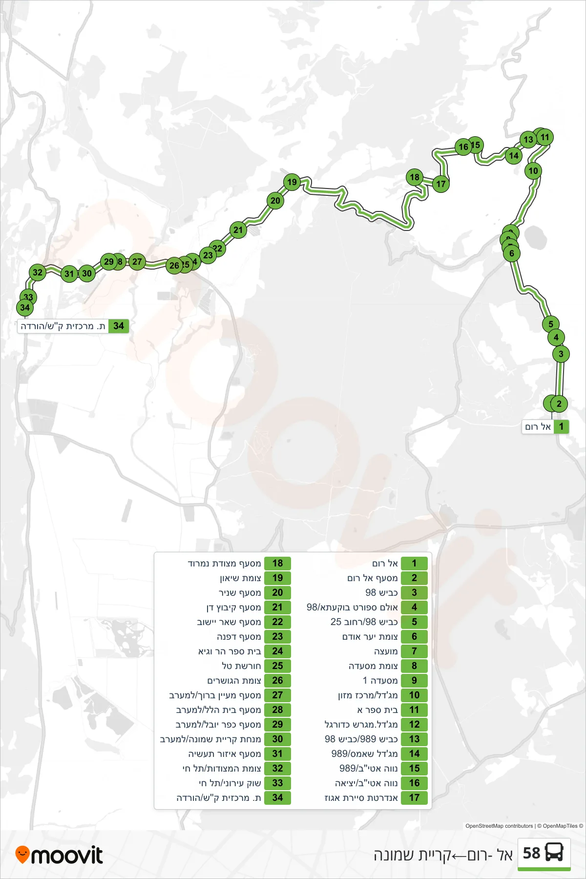 58  Line (El-Rom‎→Kiryat Shmona) route and stops on a map