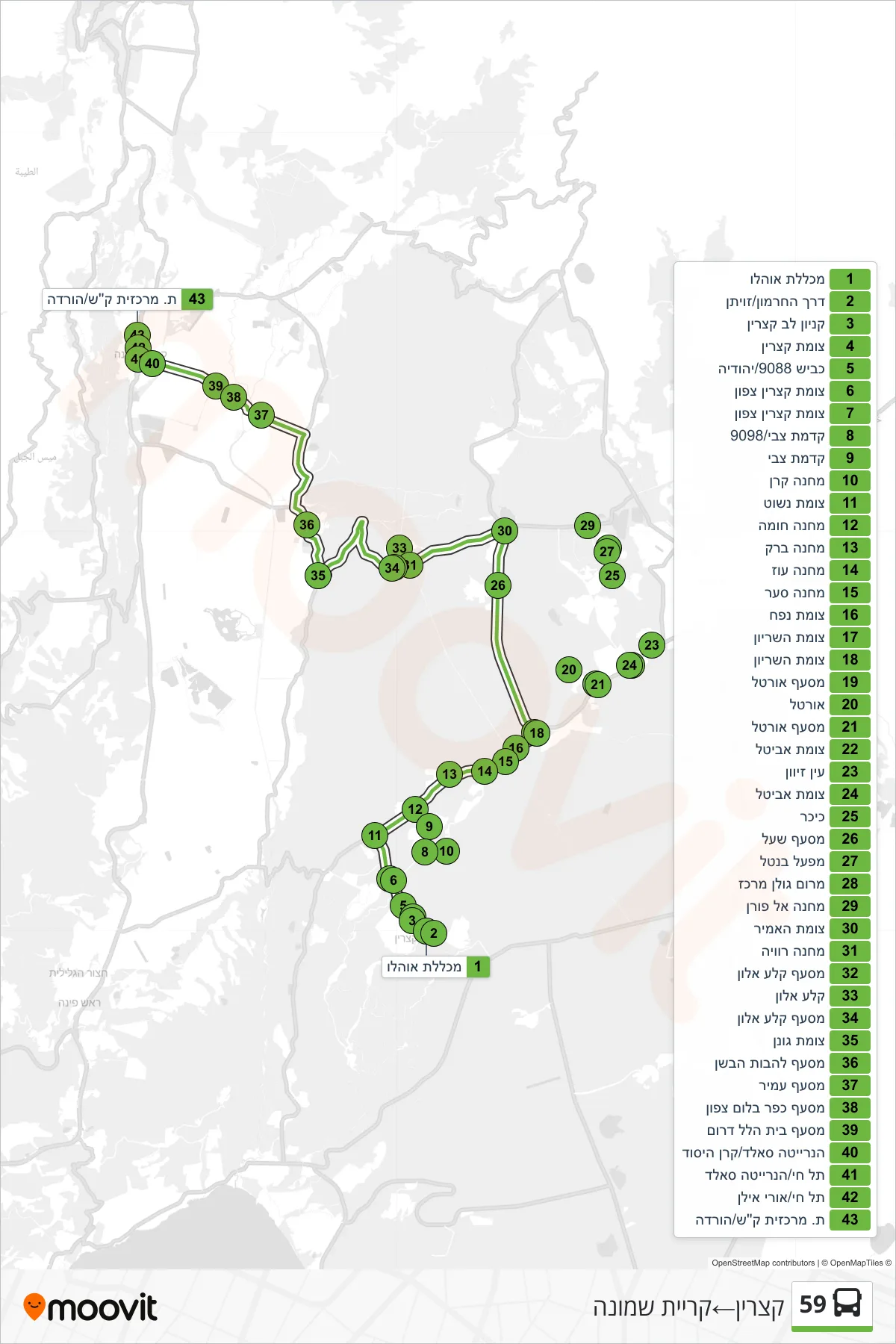 59 bus Line (Katzrin→Kiryat Shmona) route and stops on a map