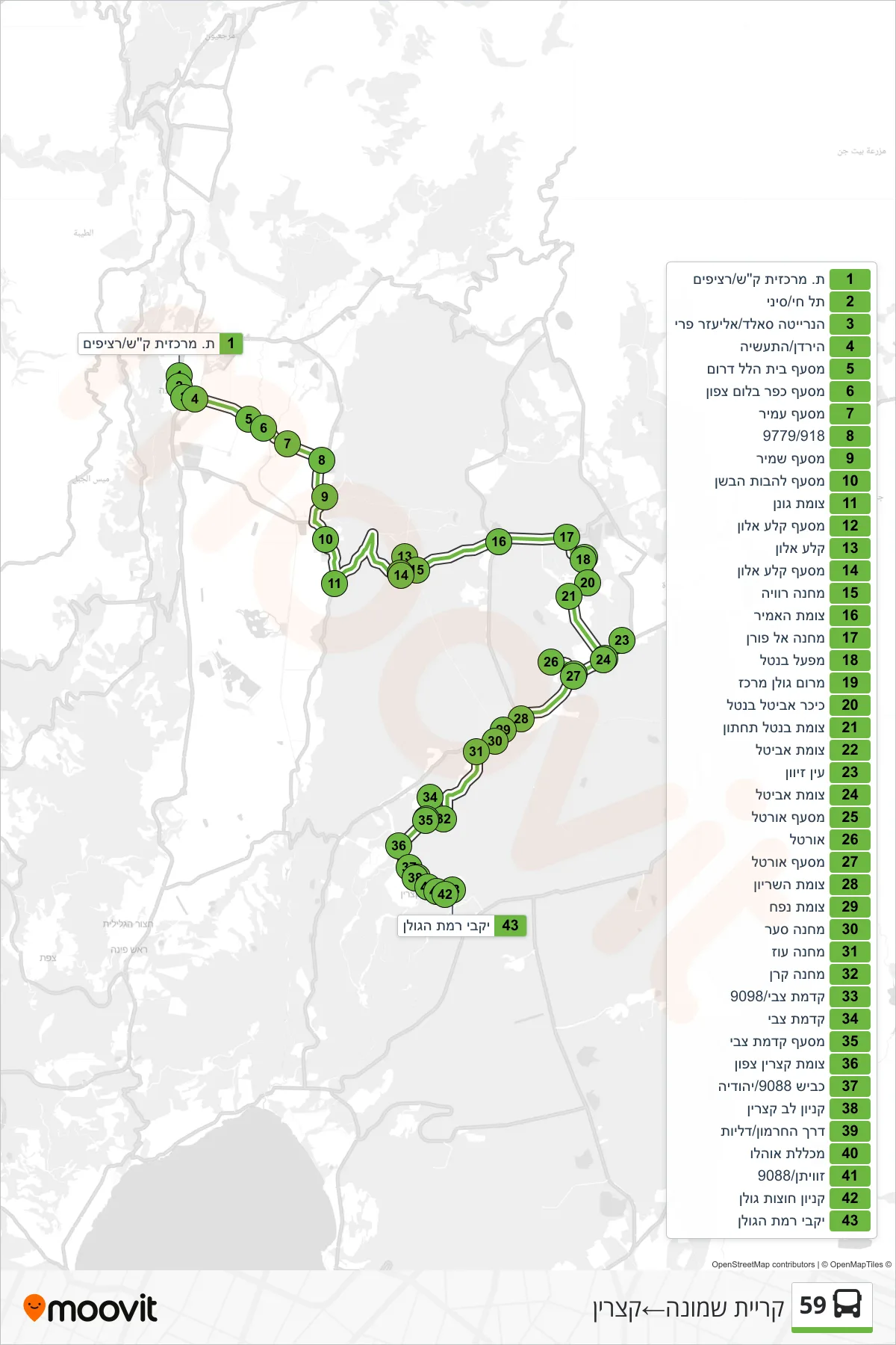 59 bus Line (Kiryat Shmona‎→Katzrin) route and stops on a map