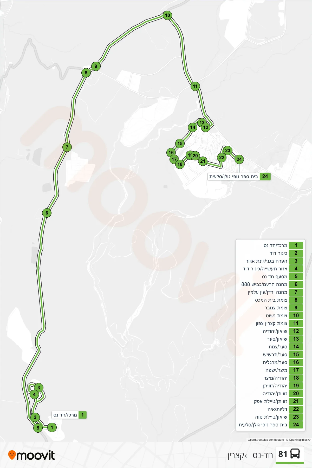 81 bus Line (Had-Nes‎→Katzrin) route and stops on a map