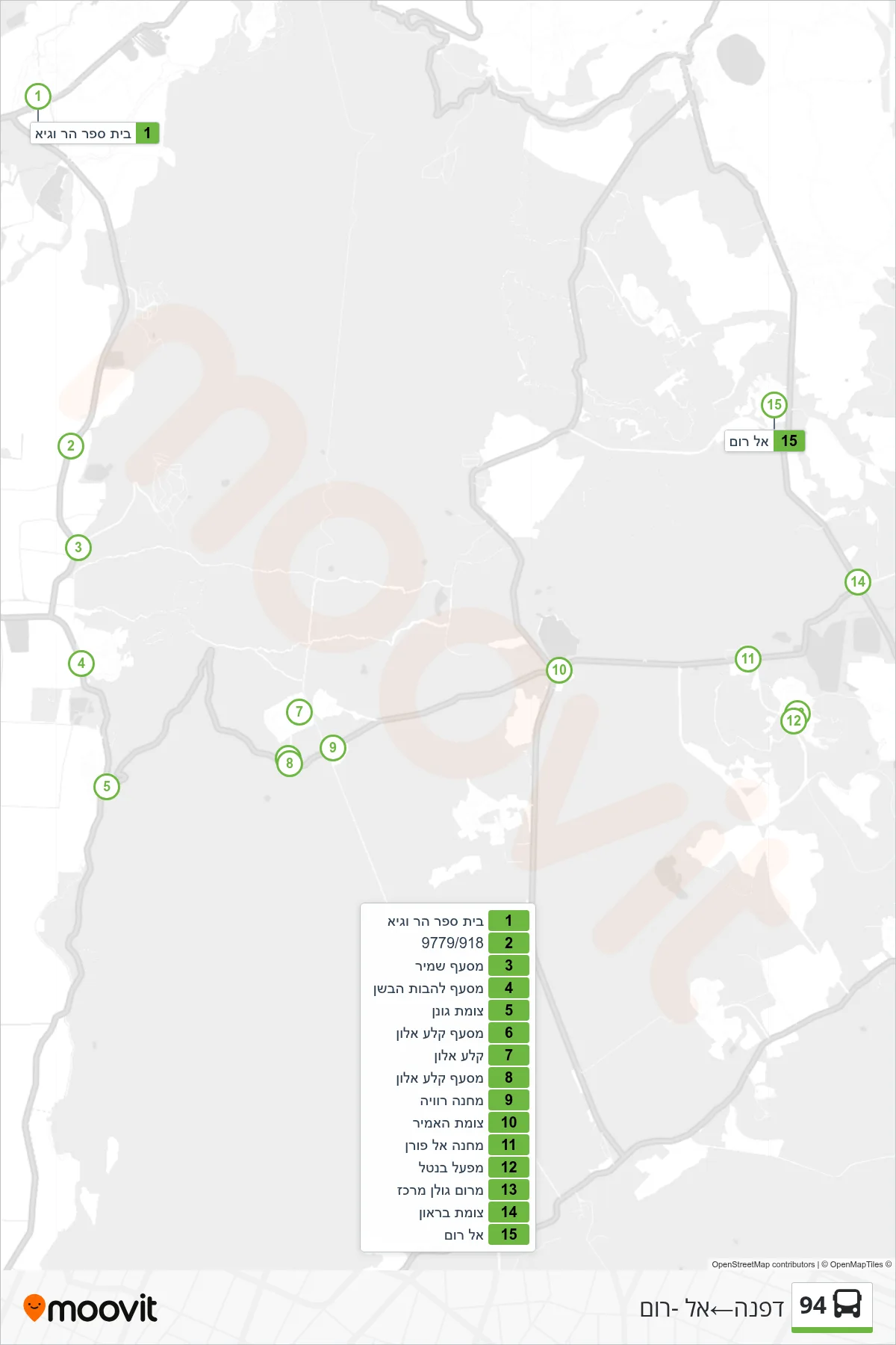 94 bus Line (Dafna→El-Rom) route and stops on a map