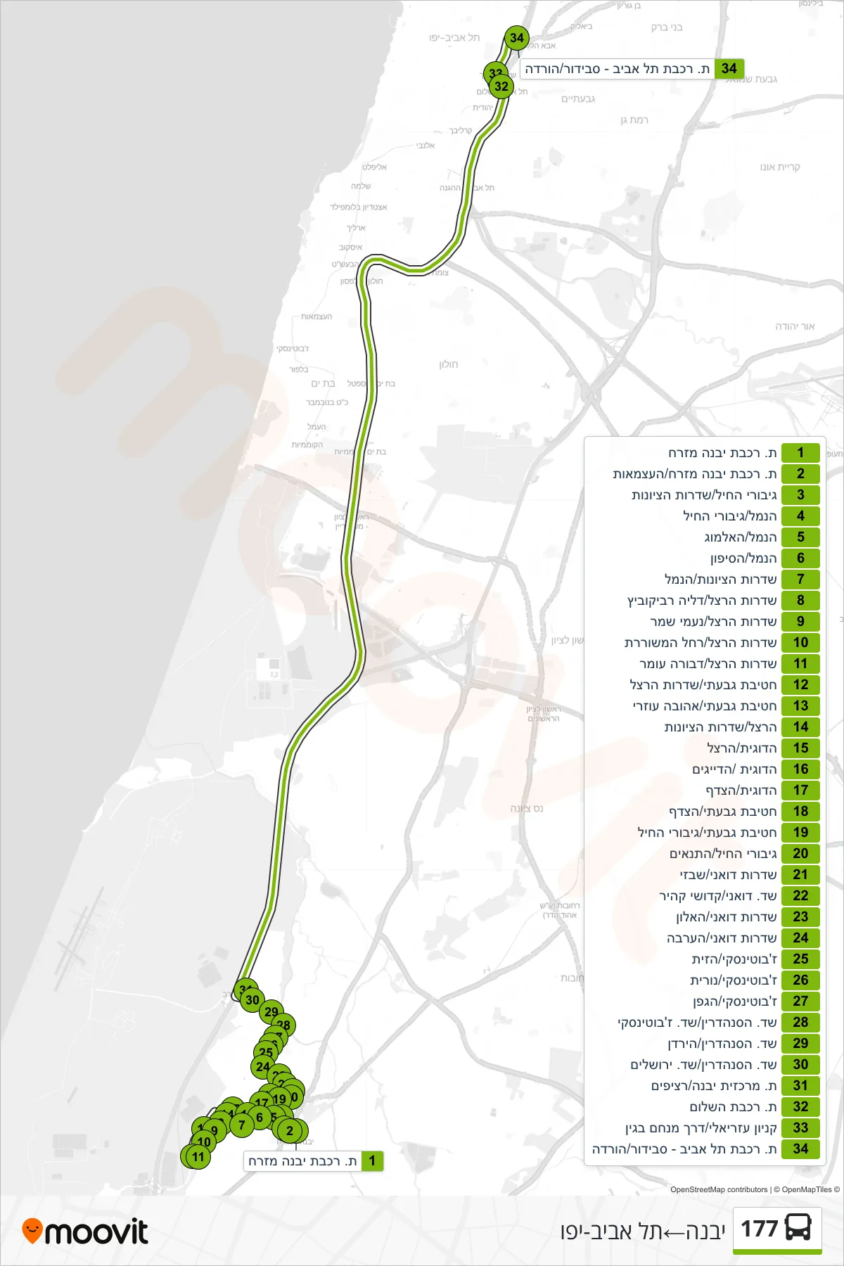 177 bus Line (Yavne‎→Tel Aviv-Yafo) route and stops on a map