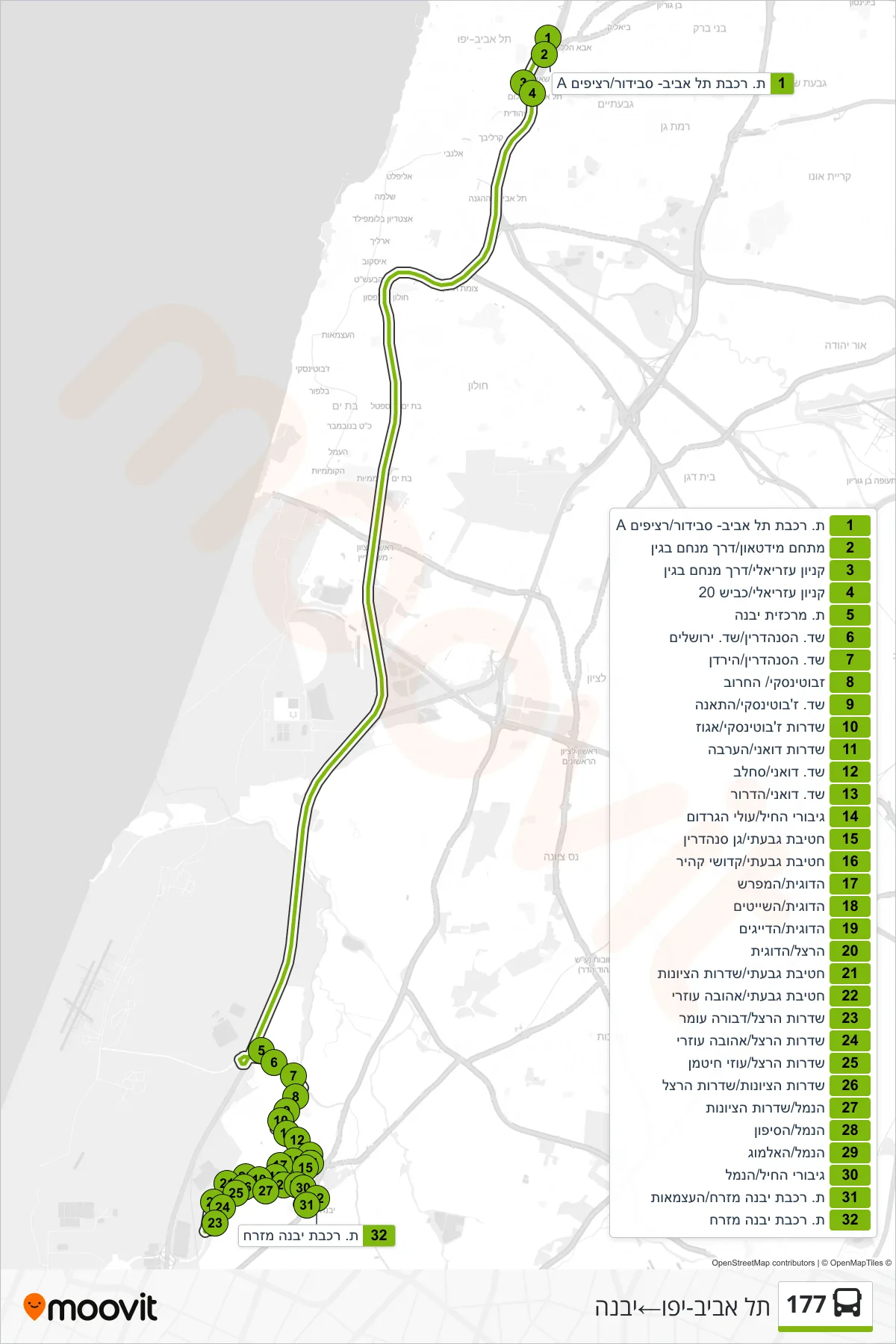 177 bus Line (Tel Aviv-Yafo‎→Yavne) route and stops on a map