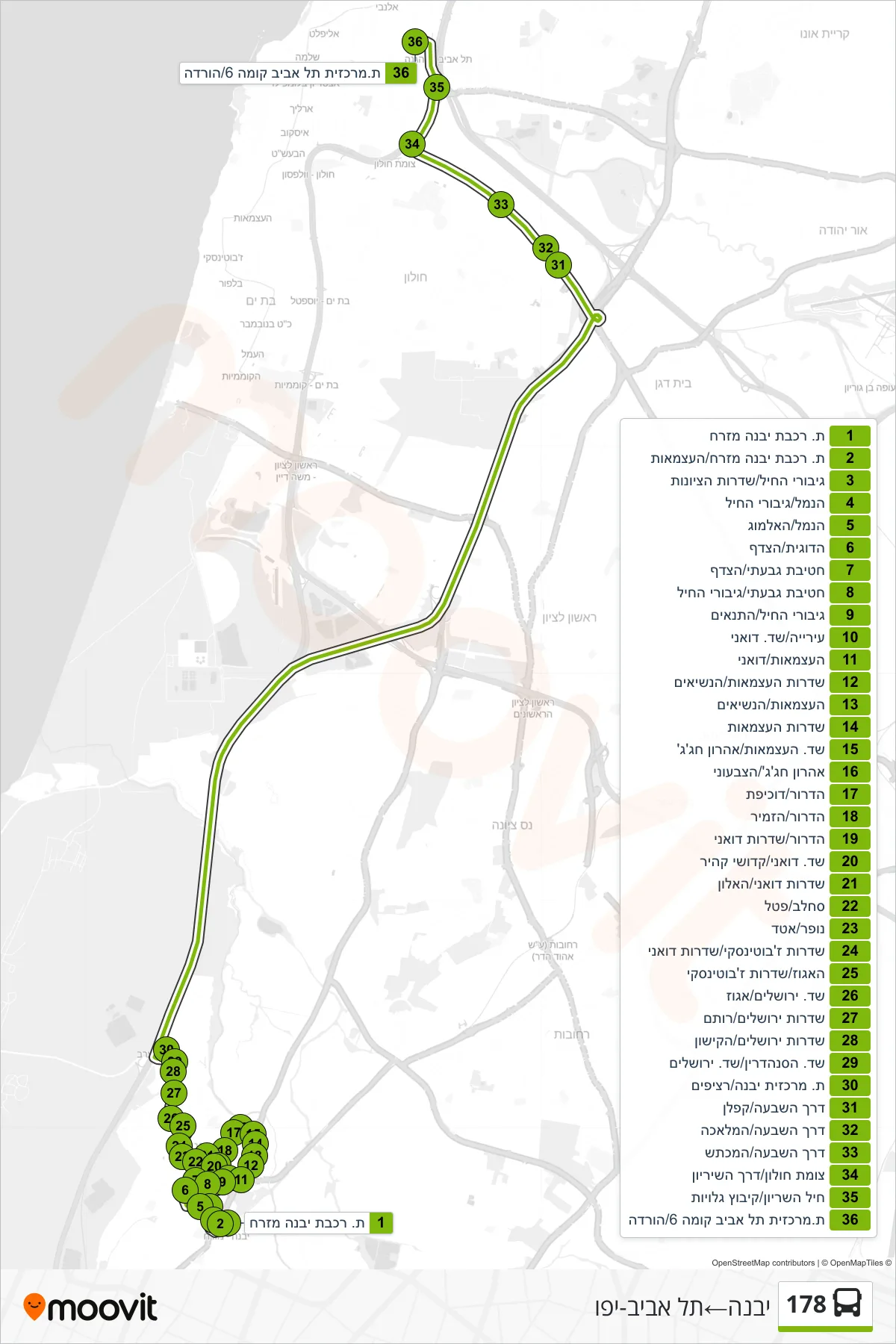 178 bus Line (Yavne‎→Tel Aviv-Yafo) route and stops on a map