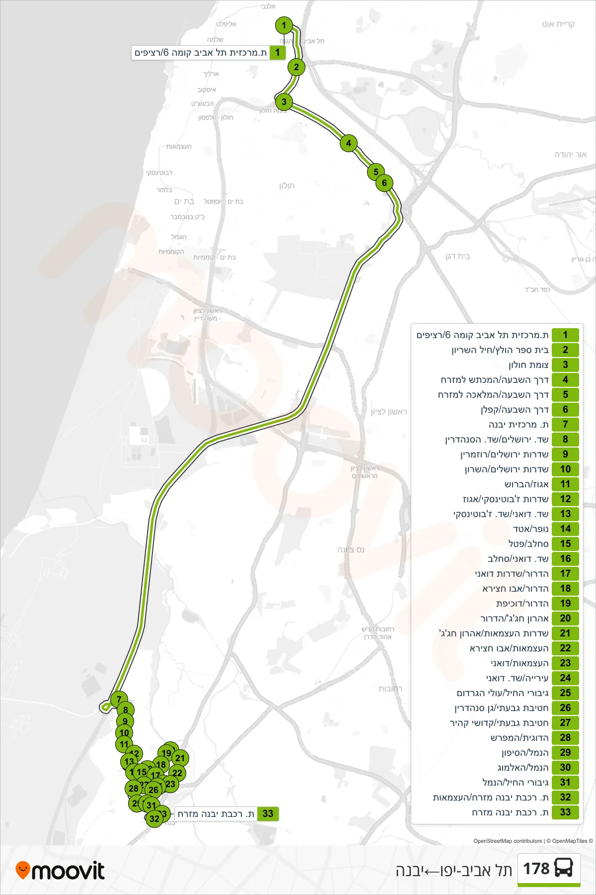 178 bus Line (Tel Aviv-Yafo‎→Yavne) route and stops on a map