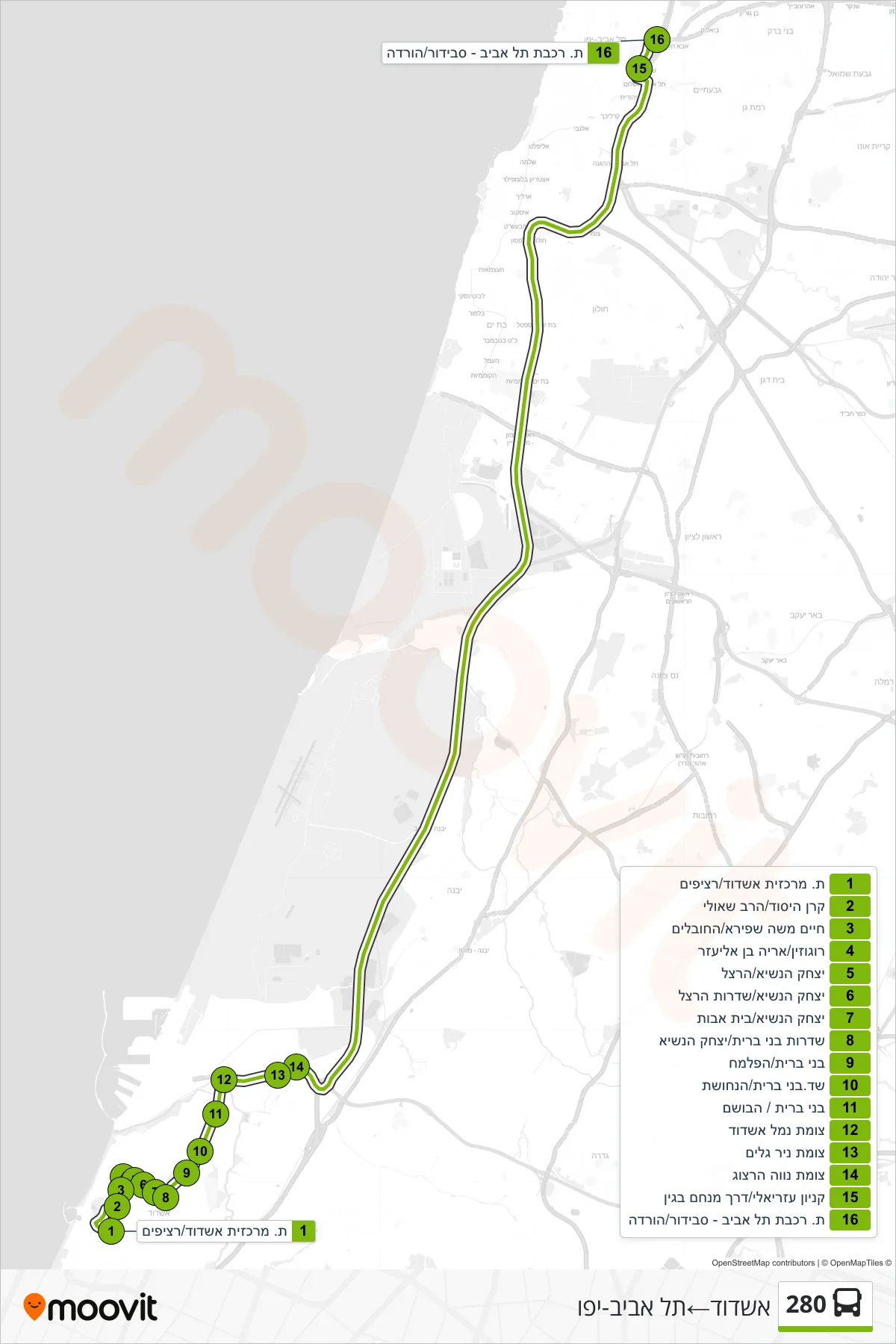 280 bus Line (Ashdod‎→Tel Aviv-Yafo) route and stops on a map
