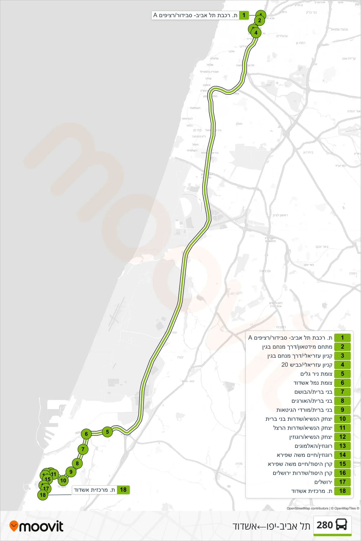 280 bus Line (Tel Aviv-Yafo‎→Ashdod) route and stops on a map
