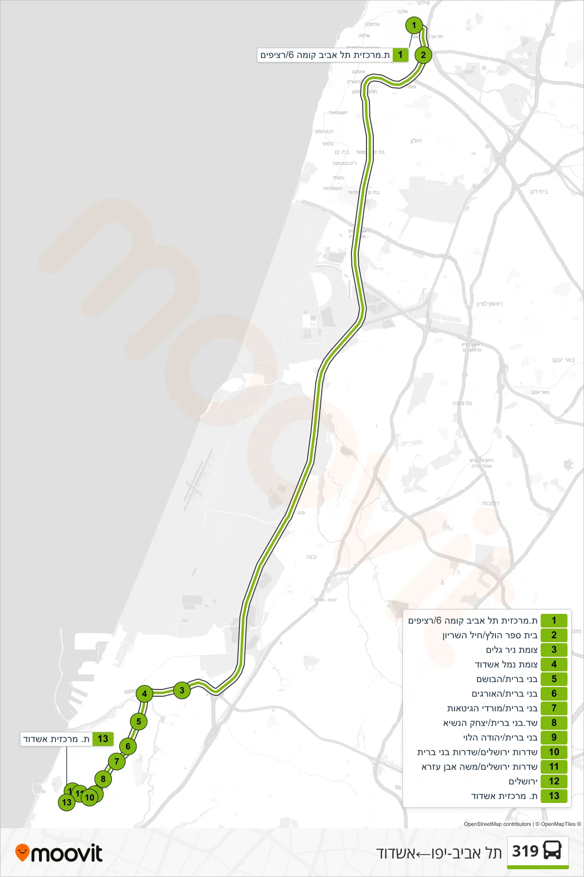 319 Line (Tel Aviv-Yafo→Ashdod) route and stops on a map