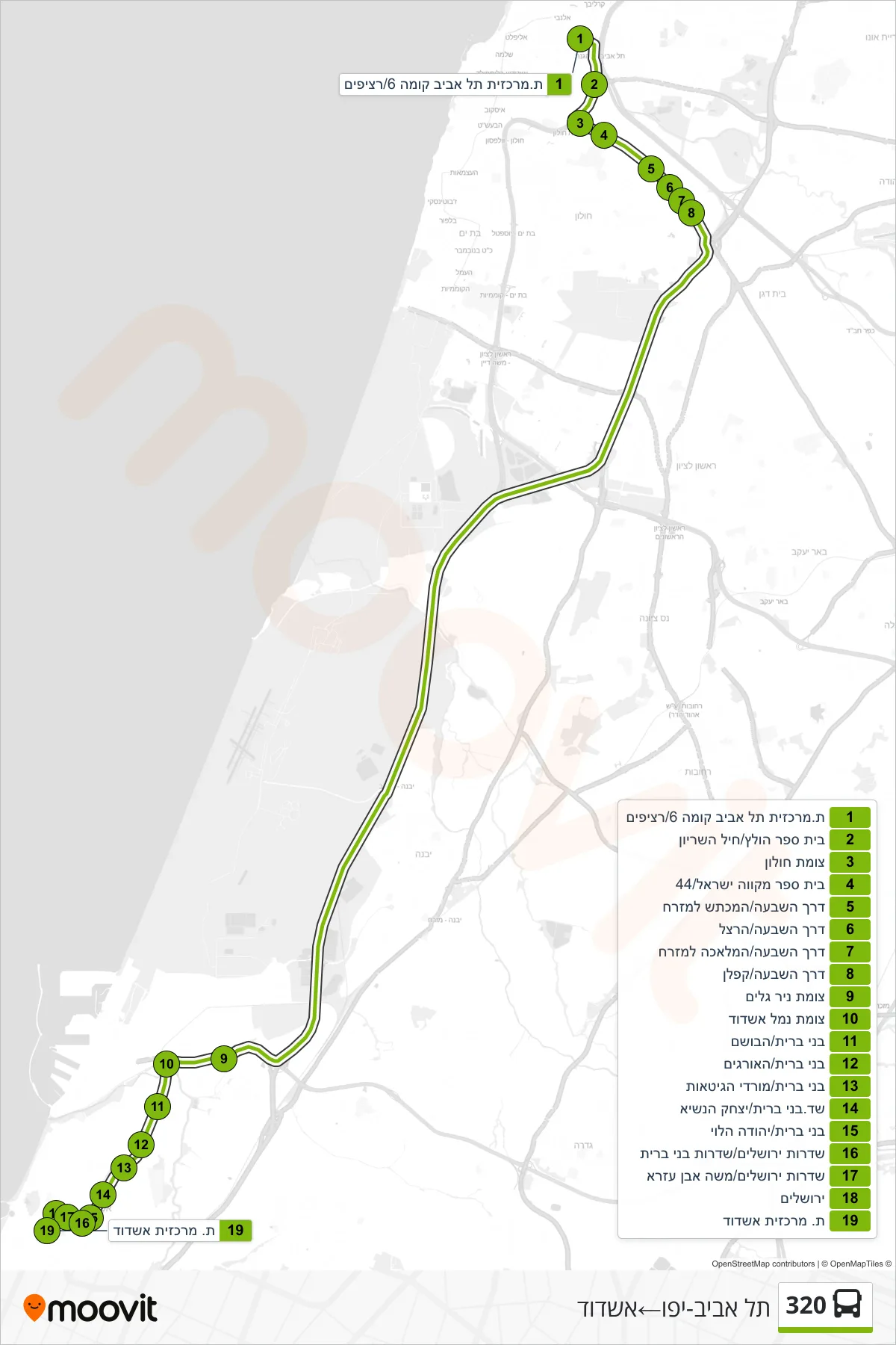 320 bus Line (Tel Aviv-Yafo‎→Ashdod) route and stops on a map
