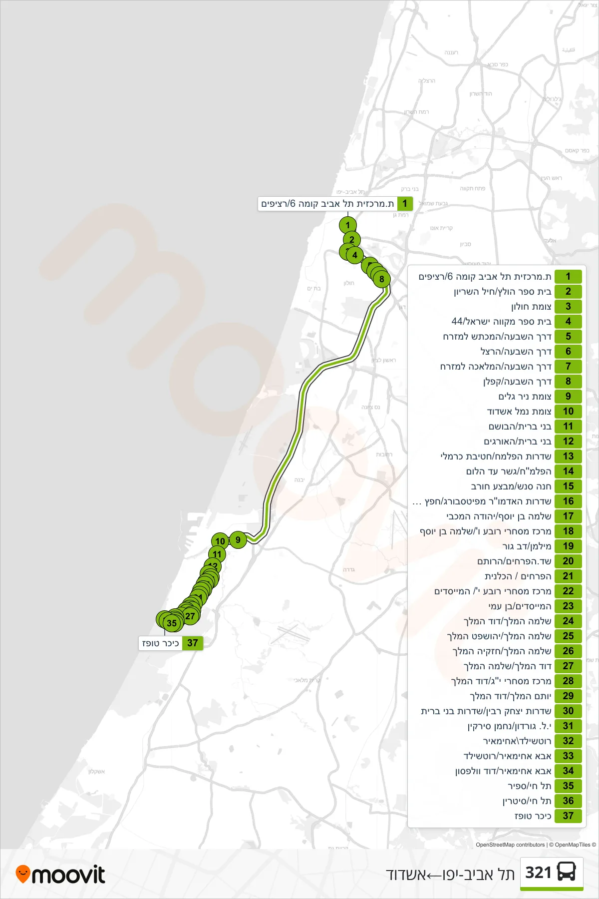 321 bus Line (Tel Aviv-Yafo‎→Ashdod) route and stops on a map