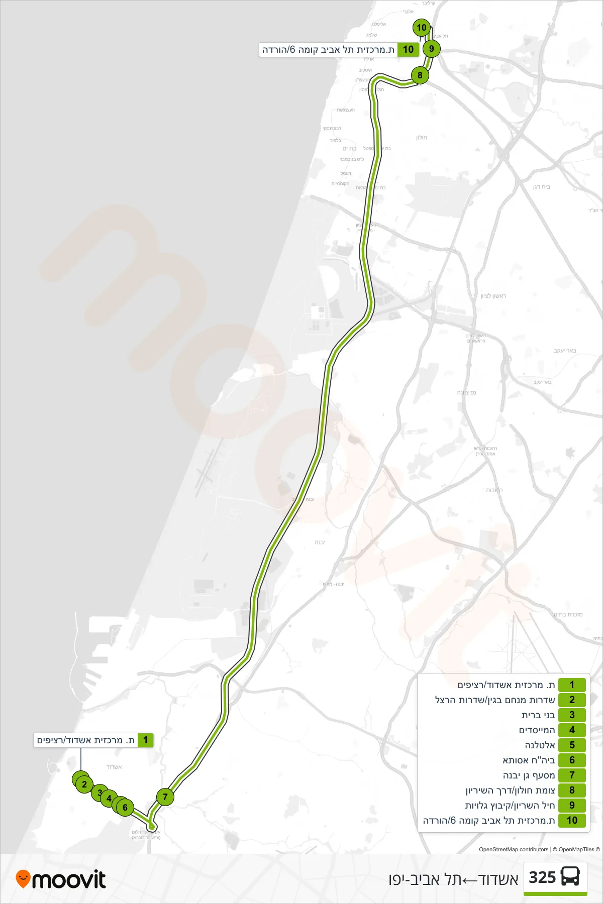 325 bus Line (Ashdod→Tel Aviv-Yafo) route and stops on a map