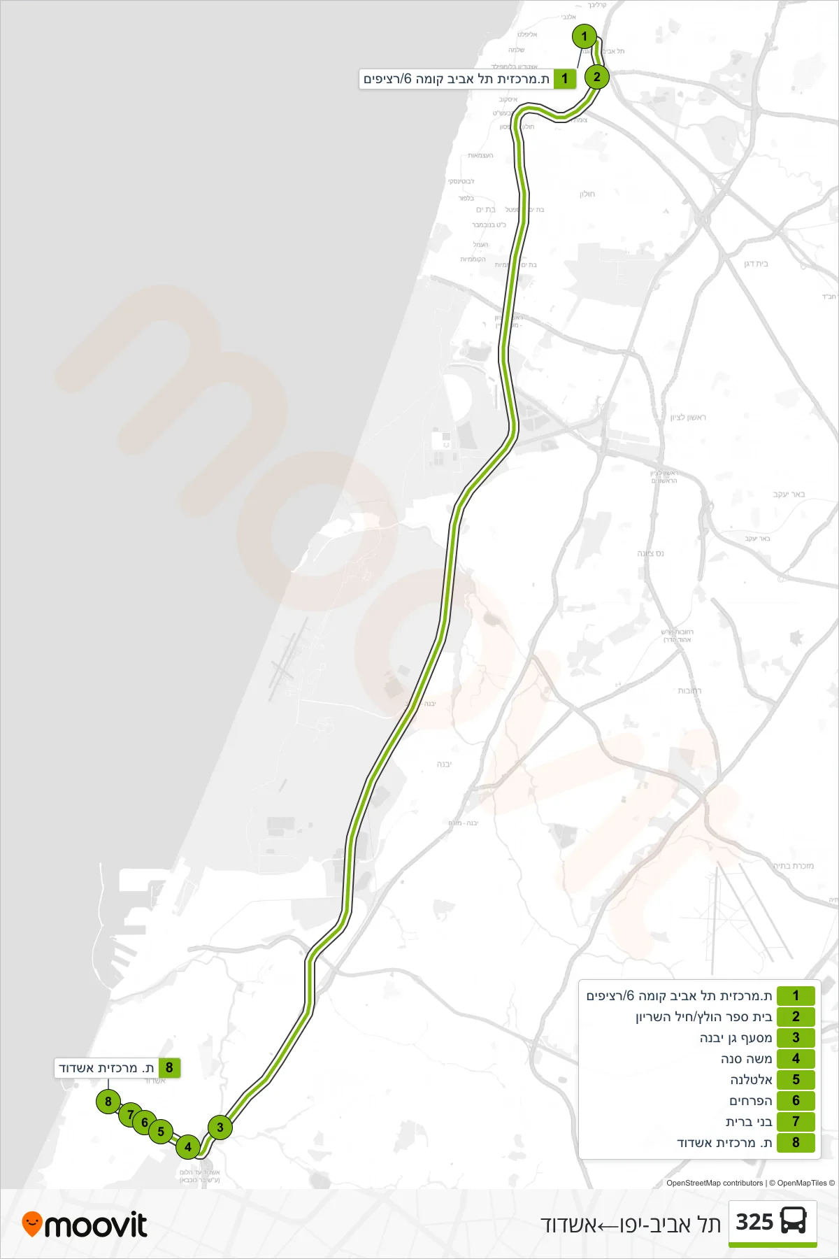 325  Line (Tel Aviv-Yafo‎→Ashdod) route and stops on a map