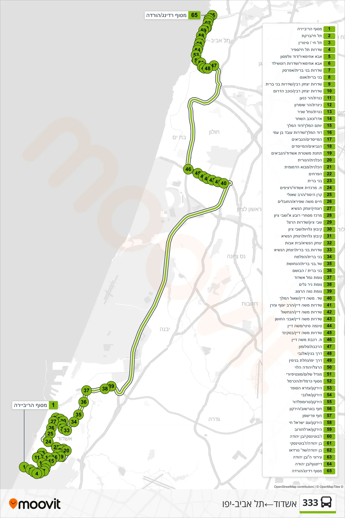 333 bus Line (Ashdod‎→Tel Aviv-Yafo) route and stops on a map