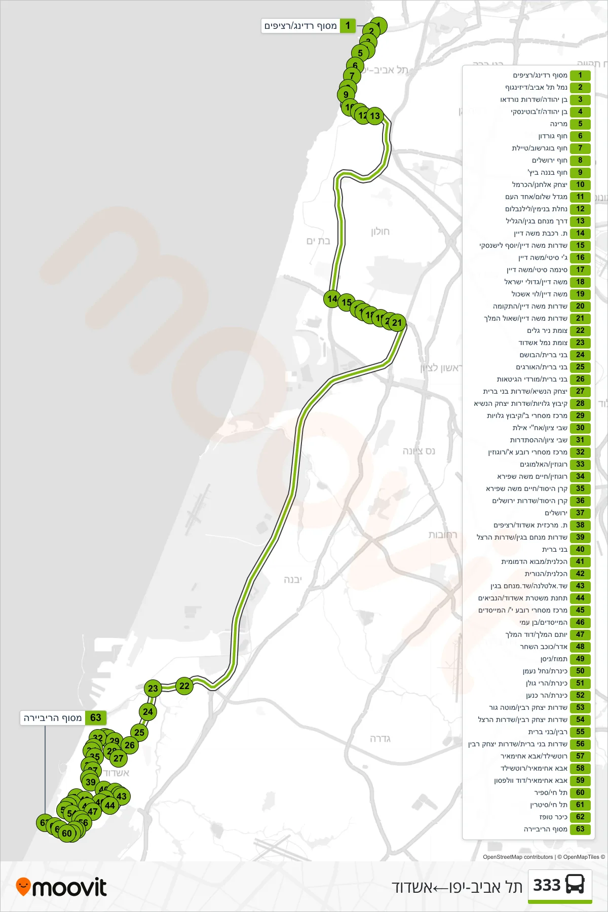 333 bus Line (Tel Aviv-Yafo‎→Ashdod) route and stops on a map