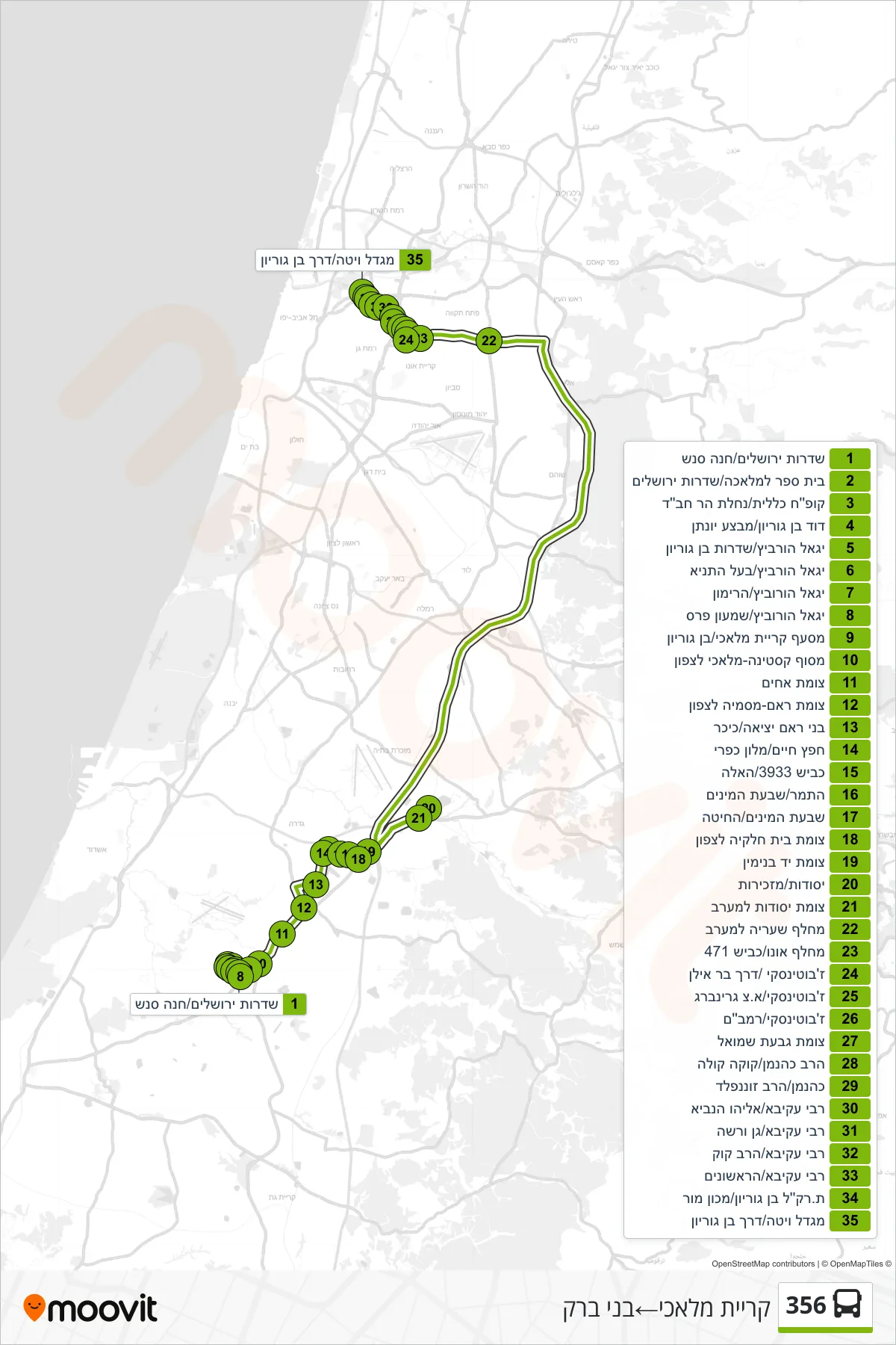 356 bus Line (Kiryat Malachi‎→Bnei Brak) route and stops on a map