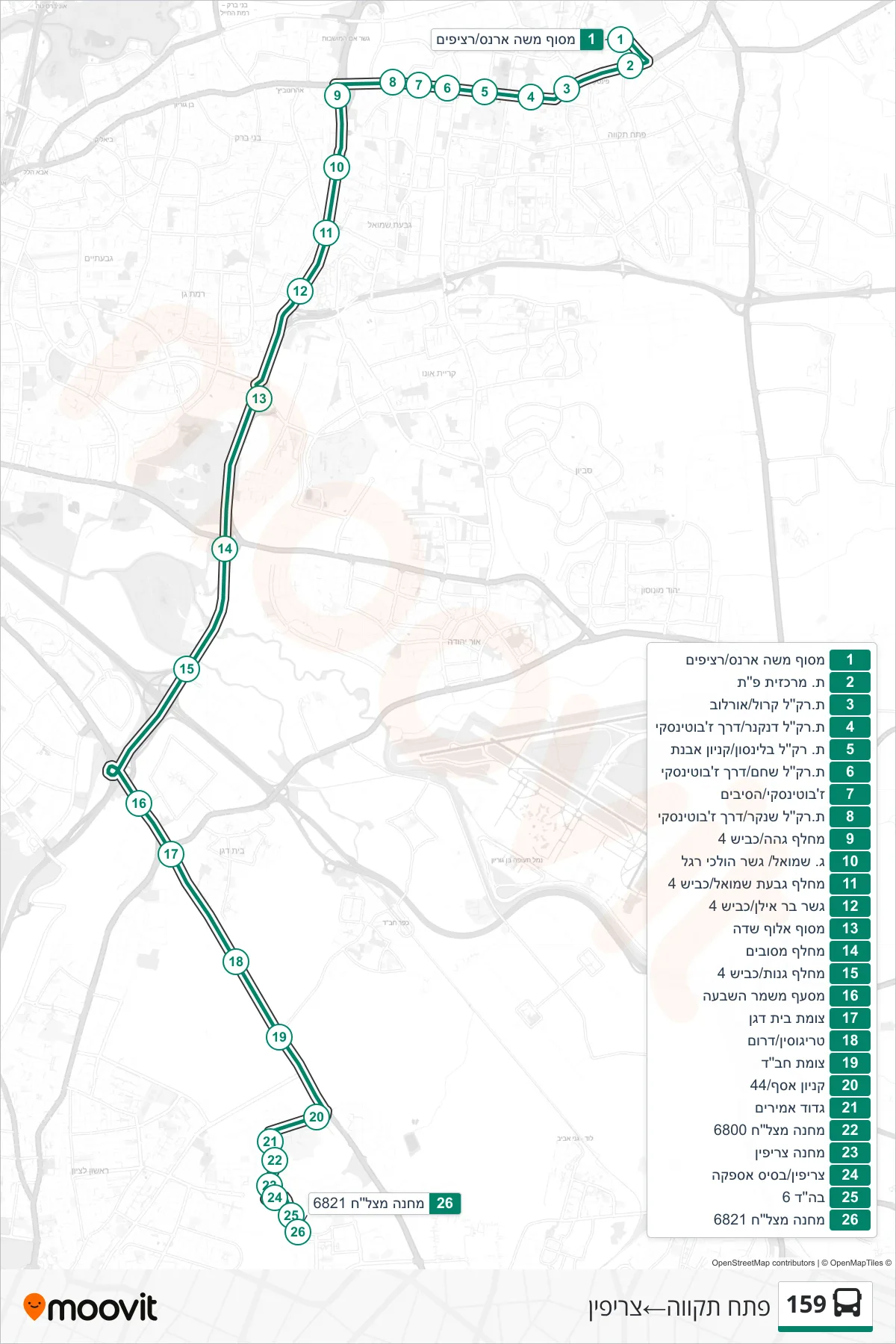 159 bus Line (Petah Tikva‎→Tzrifin) route and stops on a map