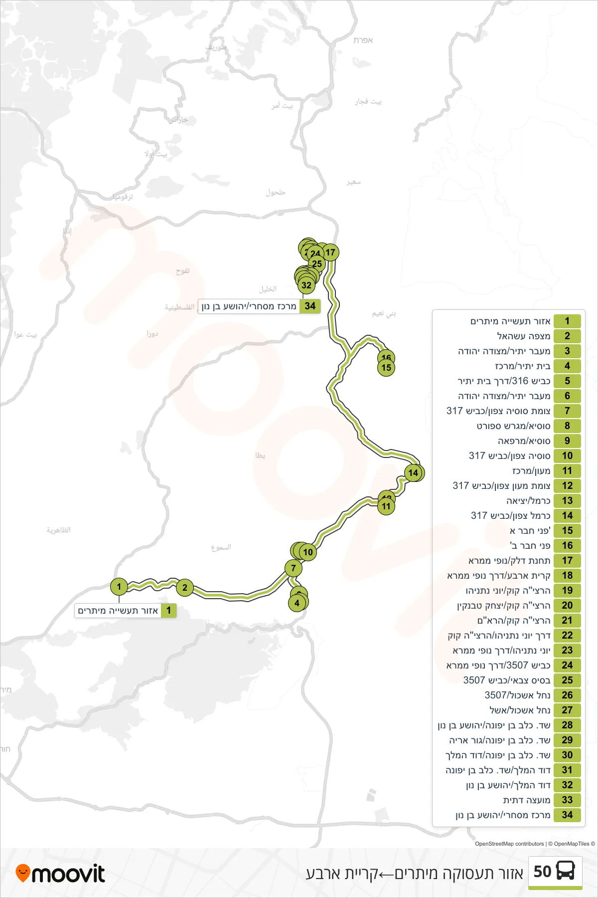 50 bus Line (Meytarim Industrial Zone‎→Kiryat Arba) route and stops on a map