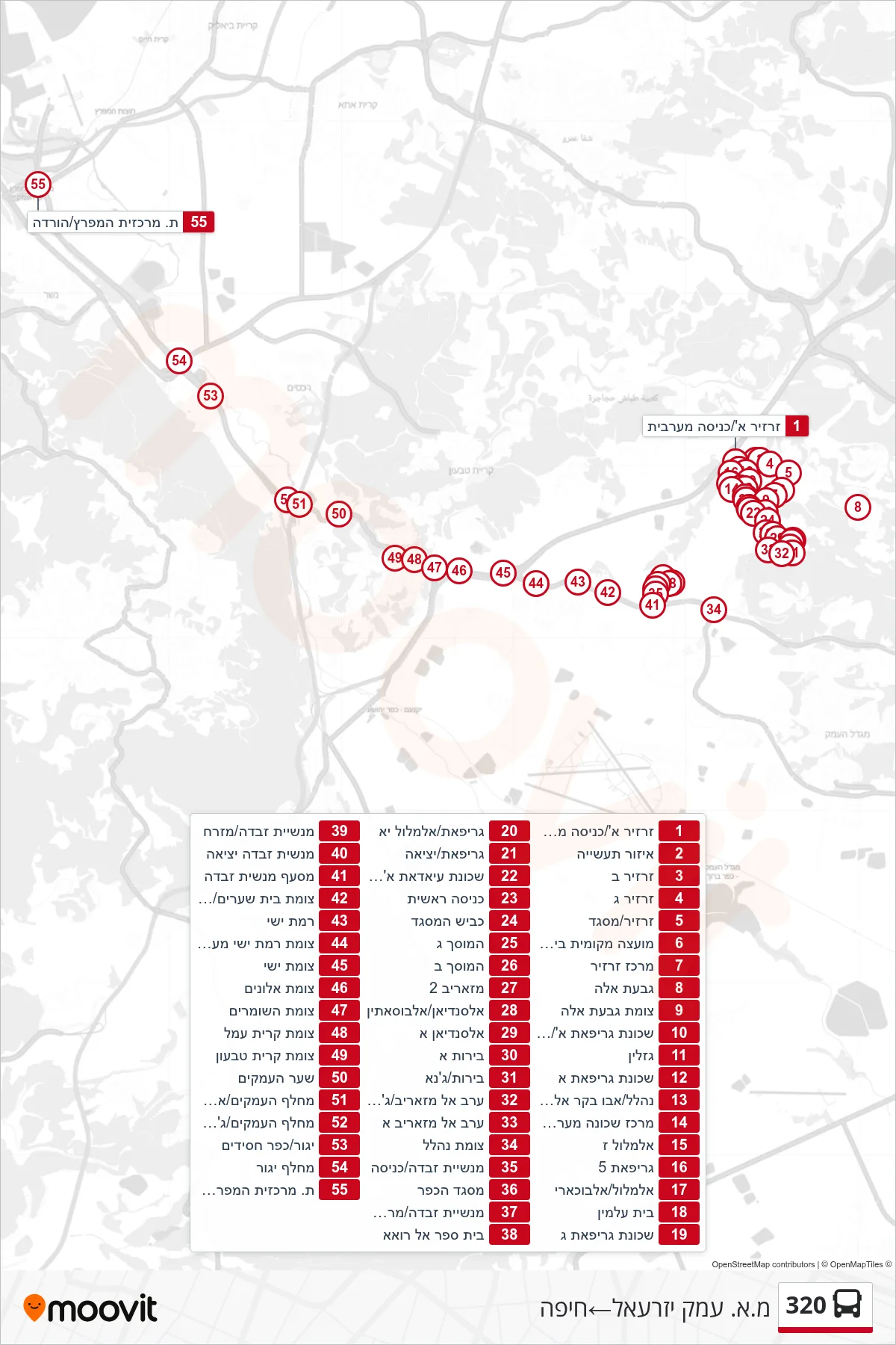 320 bus Line (Jezreel Valley Regional Council‎→Haifa) route and stops on a map