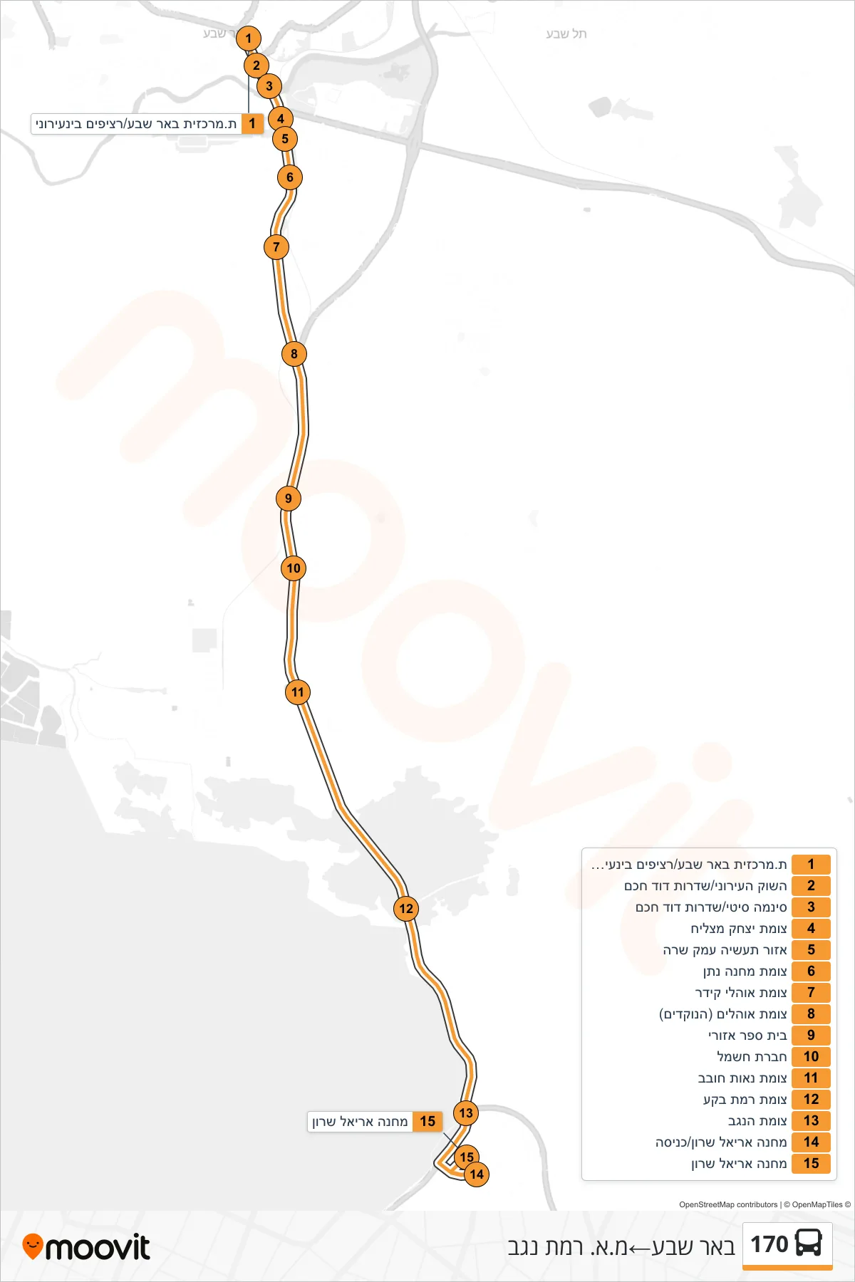 170 bus Line (Beer Sheva→Ramat Negev Regional Council) route and stops on a map