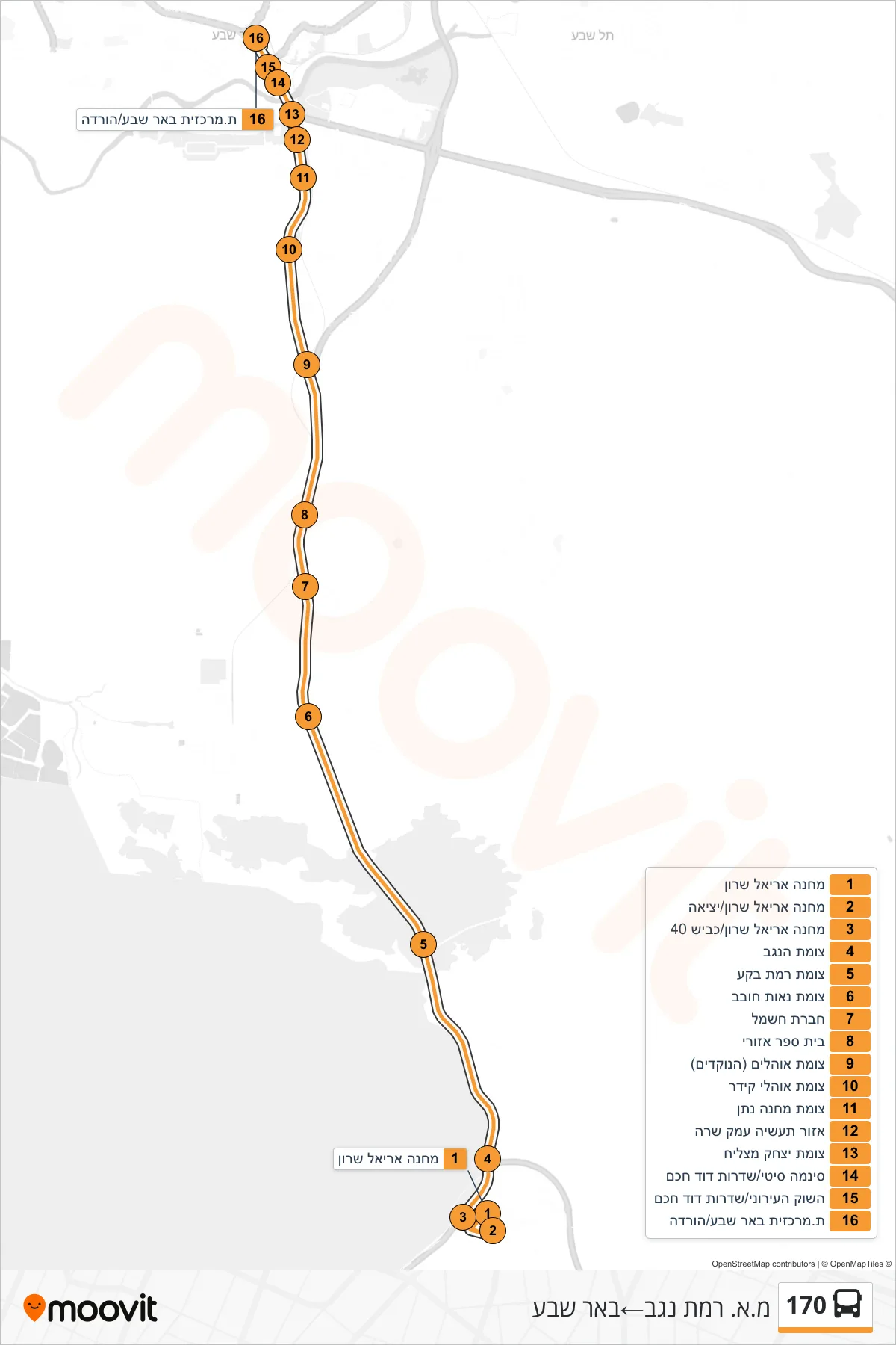 170 bus Line (Ramat Negev Regional Council‎→Beer Sheva) route and stops on a map