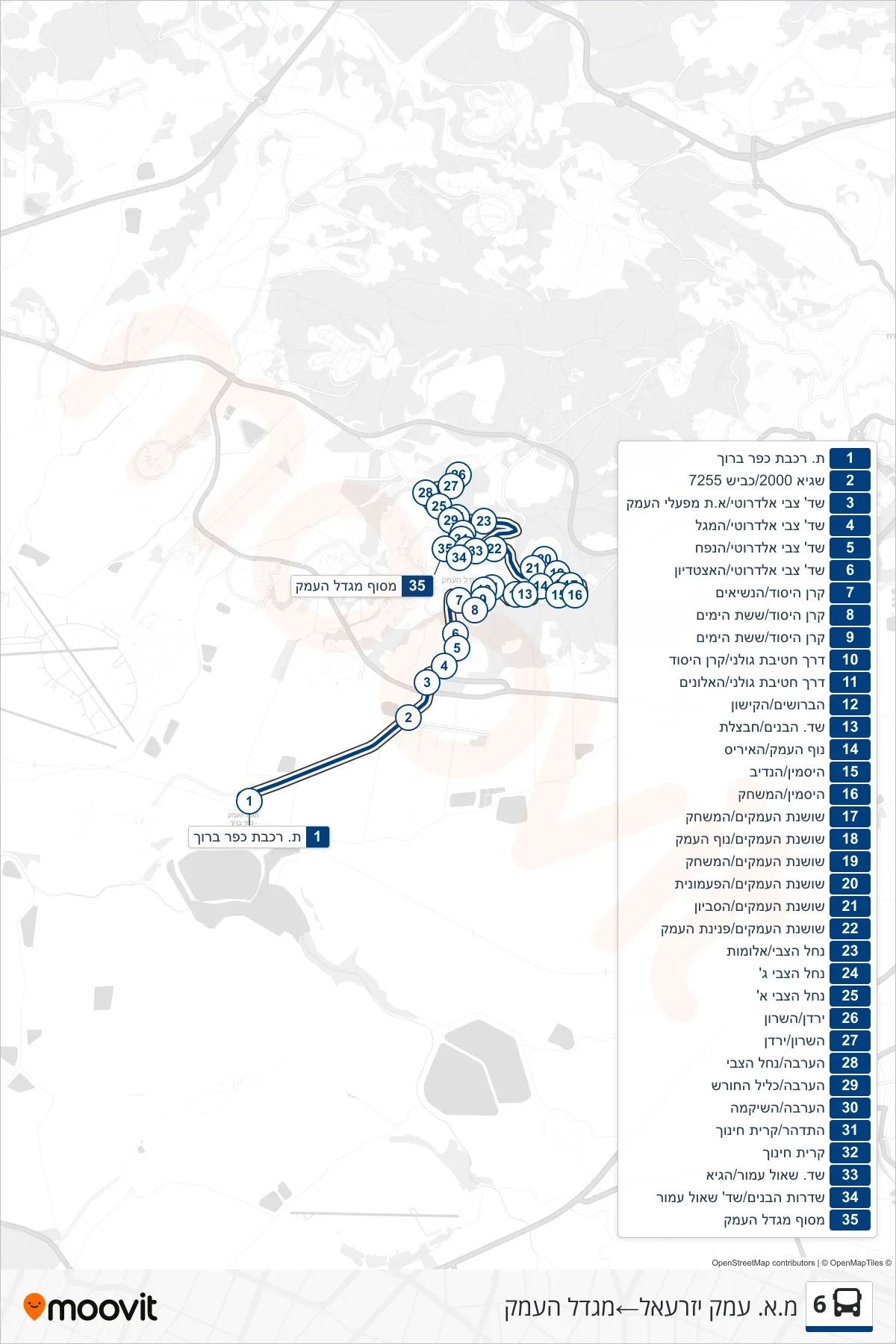 6 bus Line (Jezreel Valley Regional Council‎→Migdal HaEmek) route and stops on a map