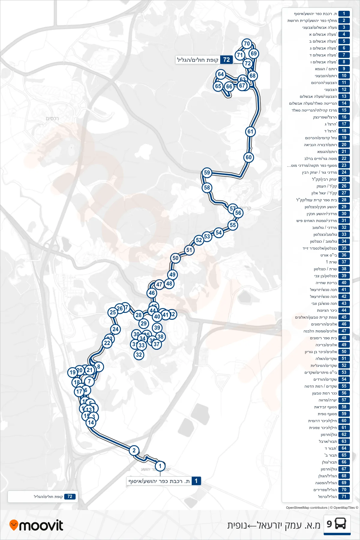 9 bus Line (Jezreel Valley Regional Council‎→Nofit) route and stops on a map