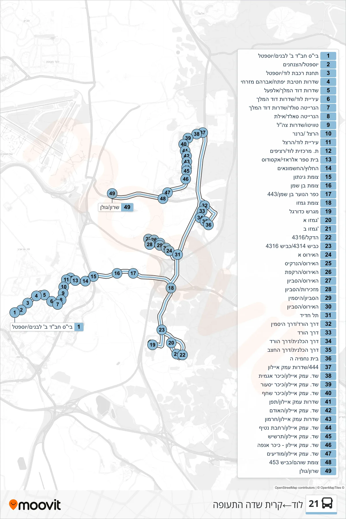 21 bus Line (Lod‎→Kiryat Sde HaTeufa) route and stops on a map