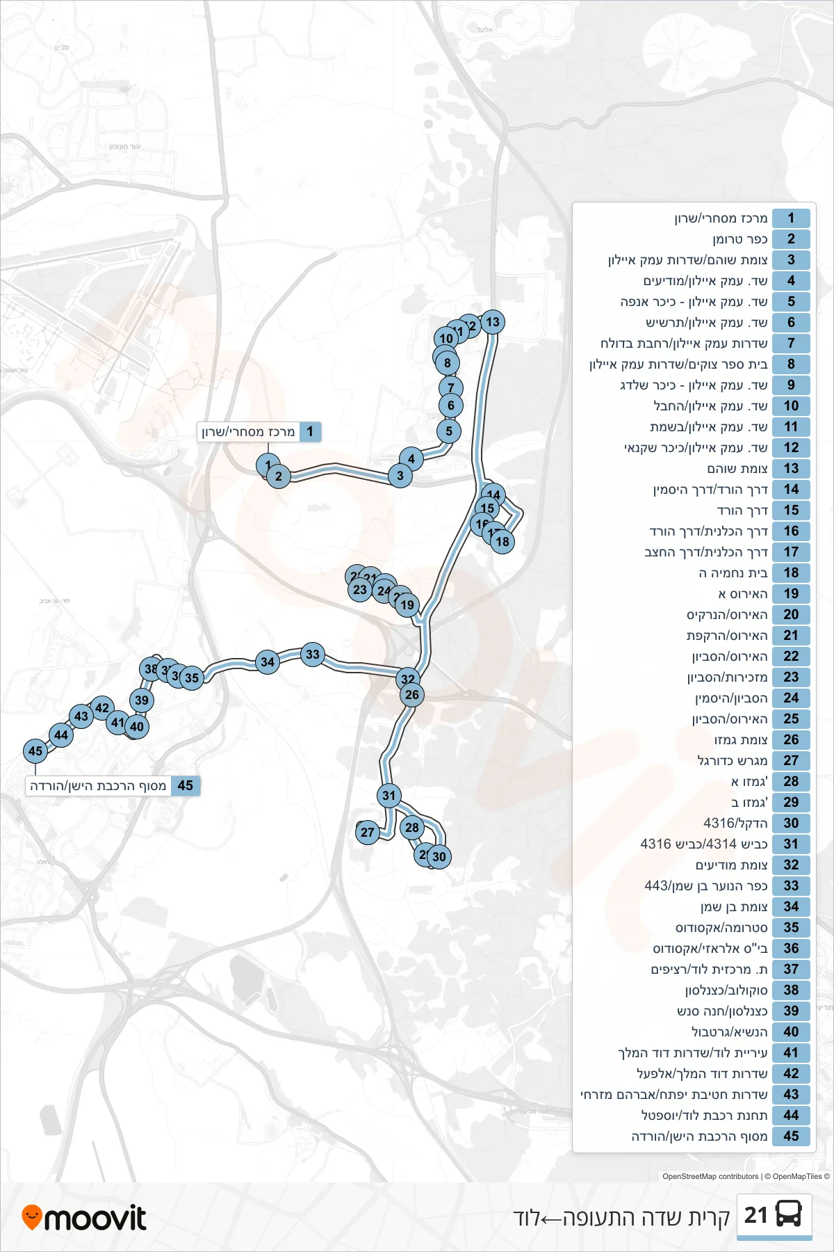 21 bus Line (Kiryat Sde HaTeufa‎→Lod) route and stops on a map