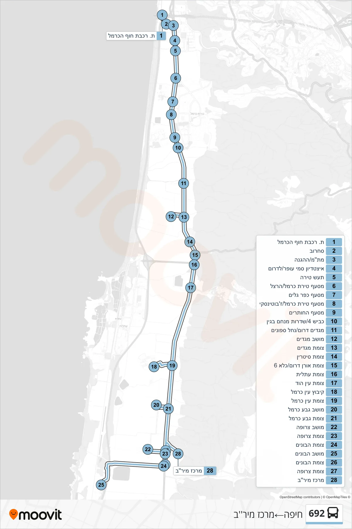692 bus Line (Haifa‎→Mirav Center) route and stops on a map