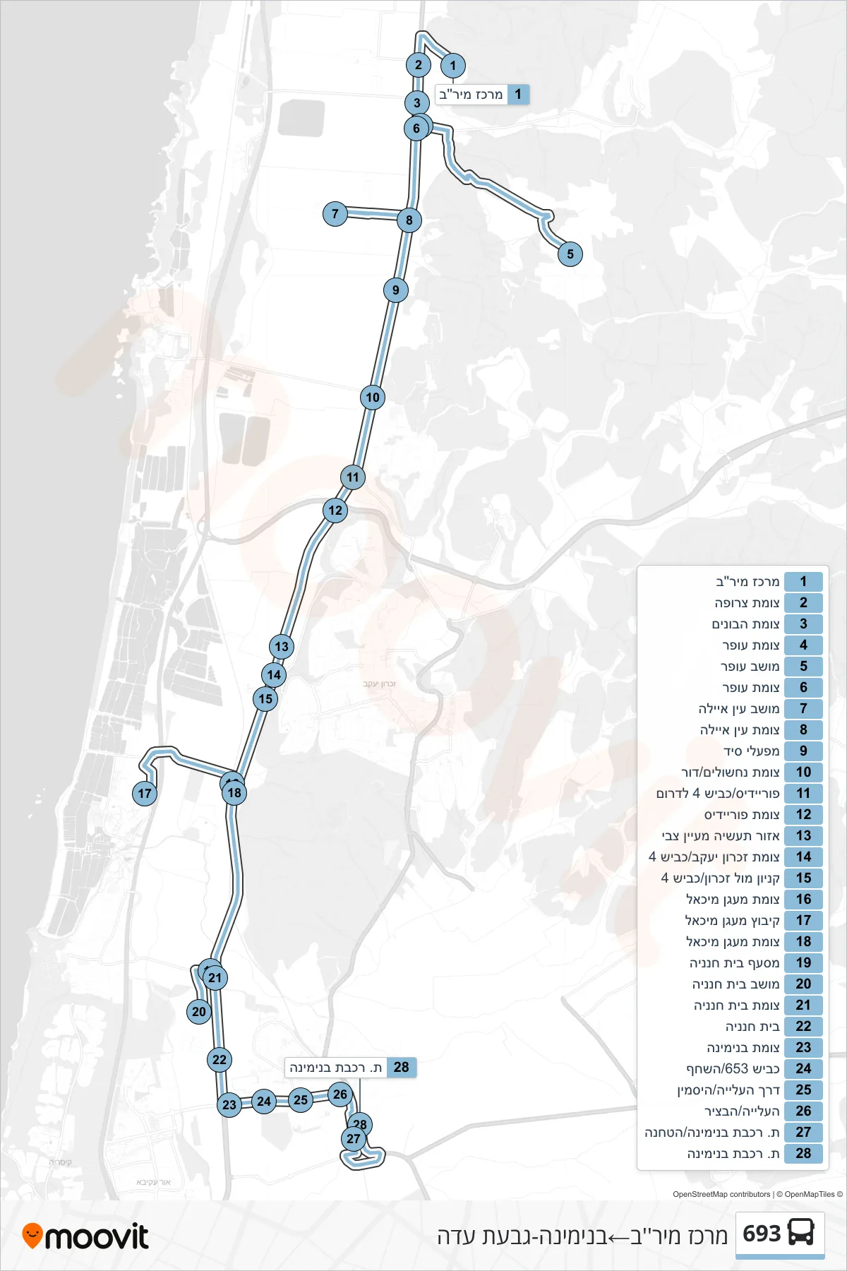 693 bus Line (Mirav Center‎→Binyamina-Givat Ada) route and stops on a map