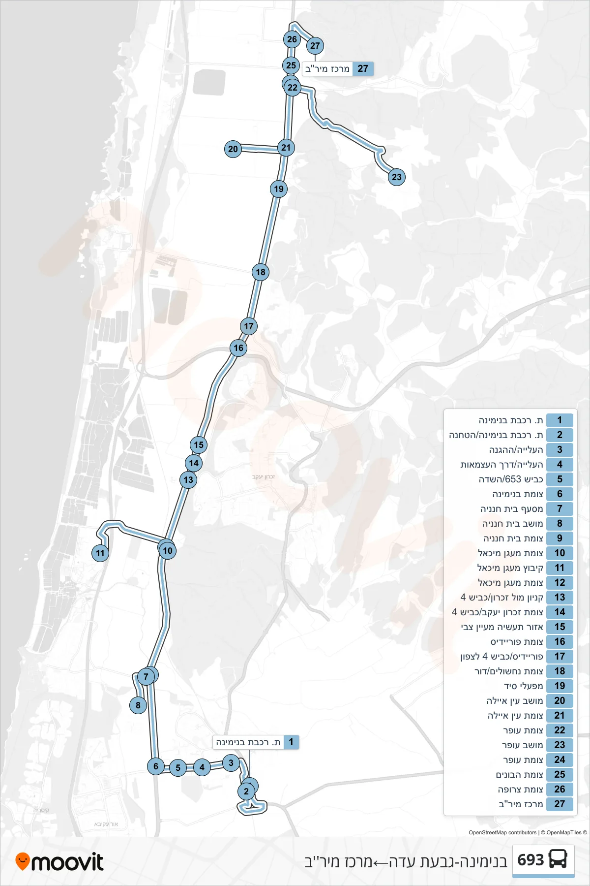 693 bus Line (Binyamina-Givat Ada‎→Mirav Center) route and stops on a map