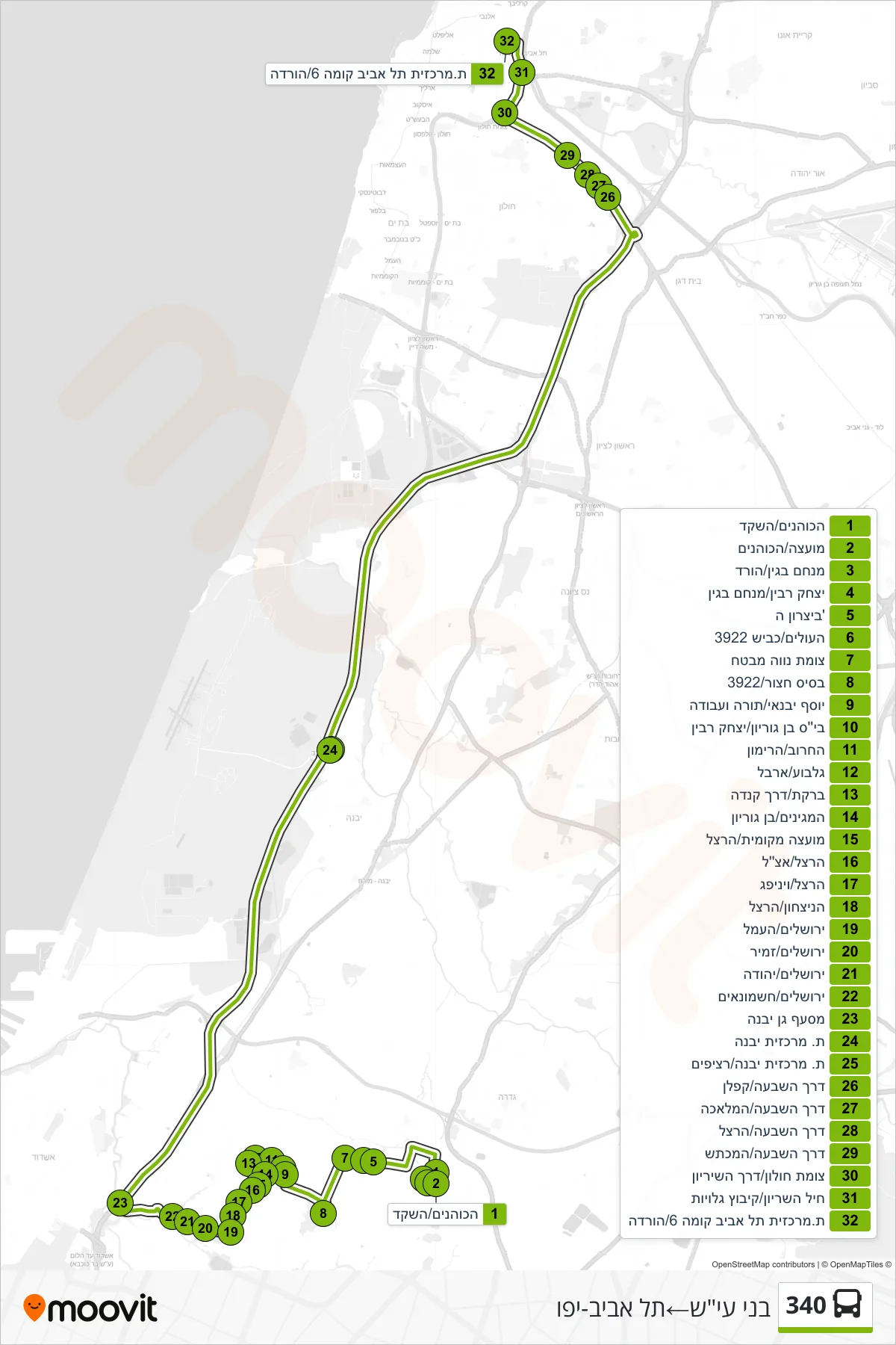 340 bus Line (Beit Ezis‎→Tel Aviv-Yafo) route and stops on a map