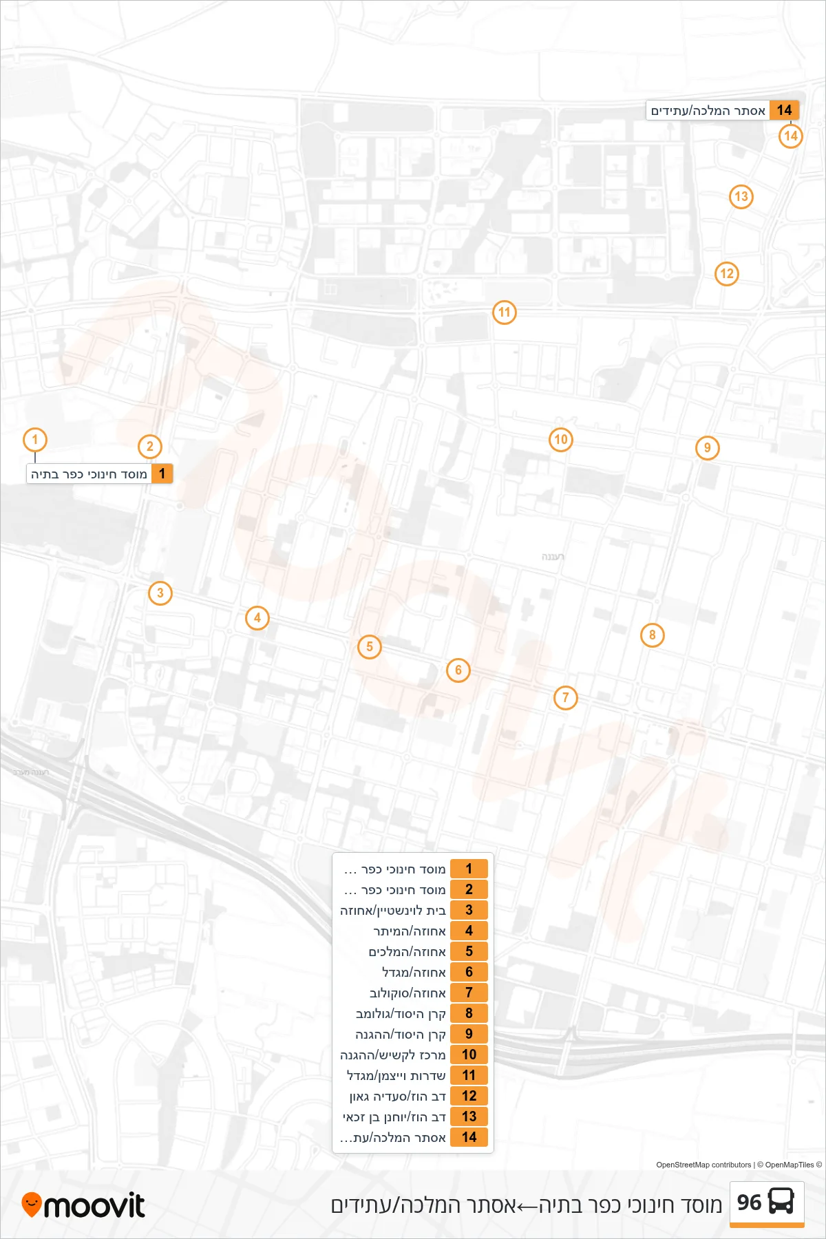 96 bus Line (Kfar Batya Educational Institute‎→Esther HaMalka/Atidim) route and stops on a map
